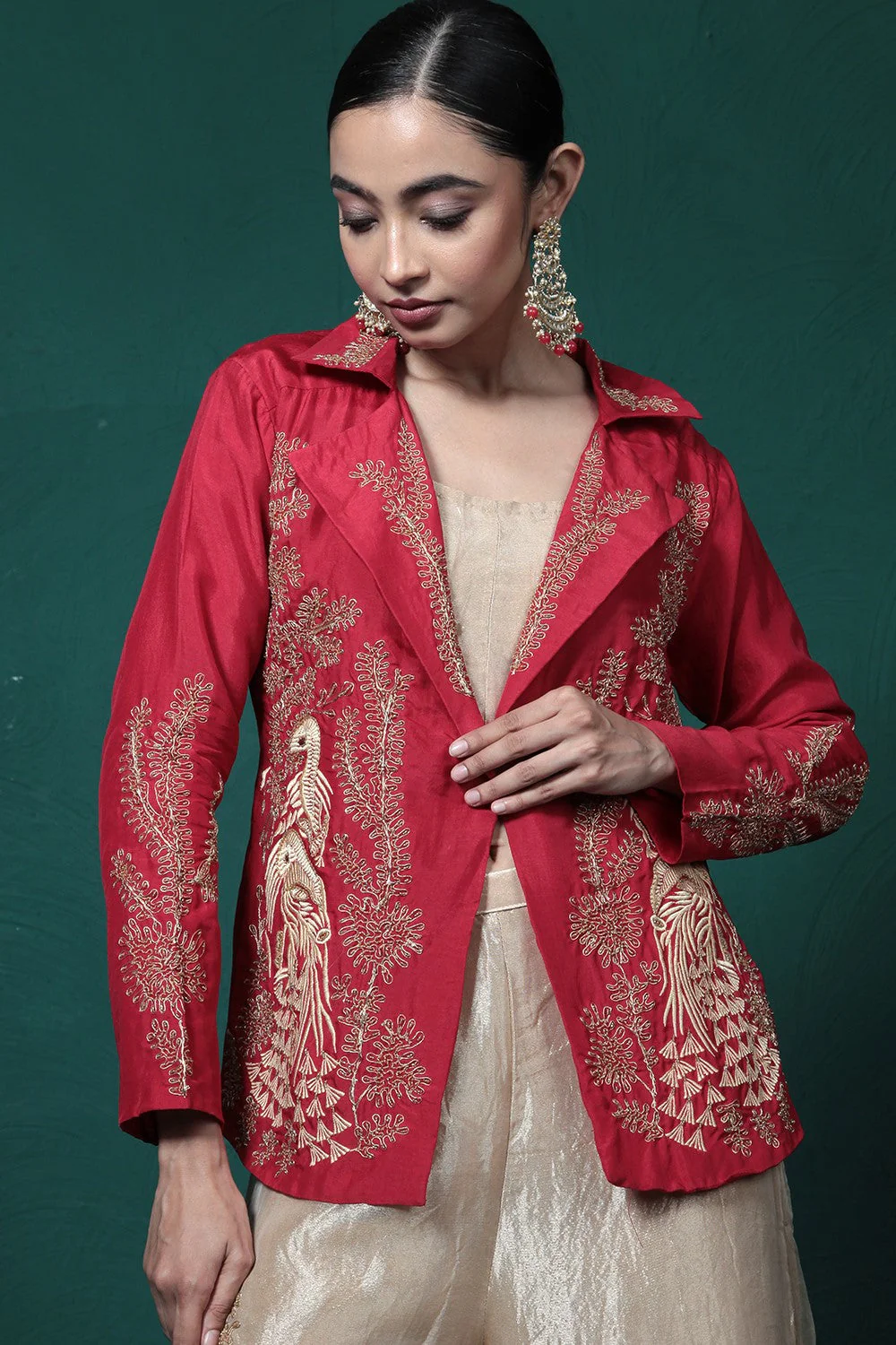 Crimson Red Embroidered Jacket & Palazzo Set - Image 6