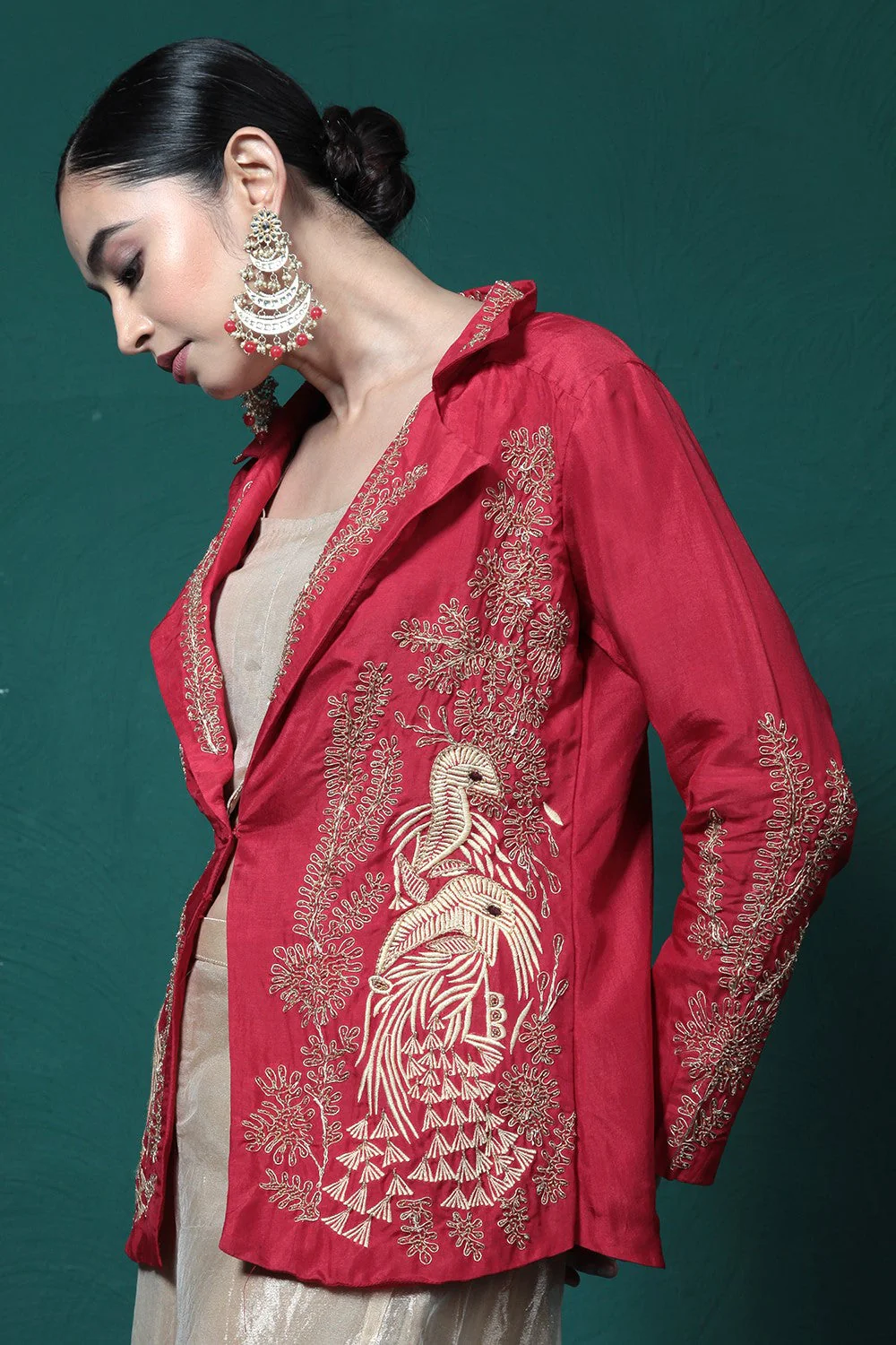 Crimson Red Embroidered Jacket & Palazzo Set - Image 7