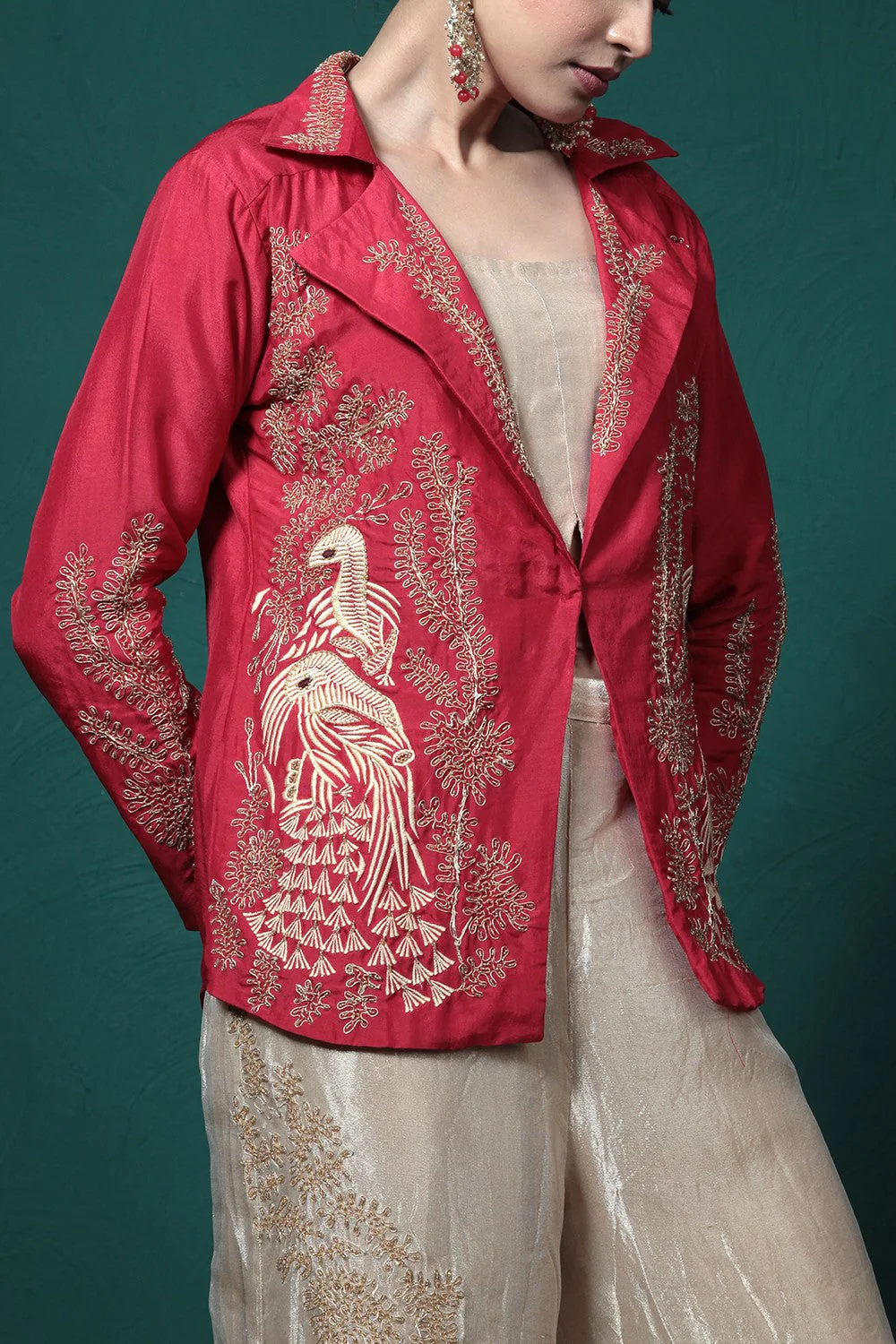 Crimson Red Embroidered Jacket & Palazzo Set - Image 8