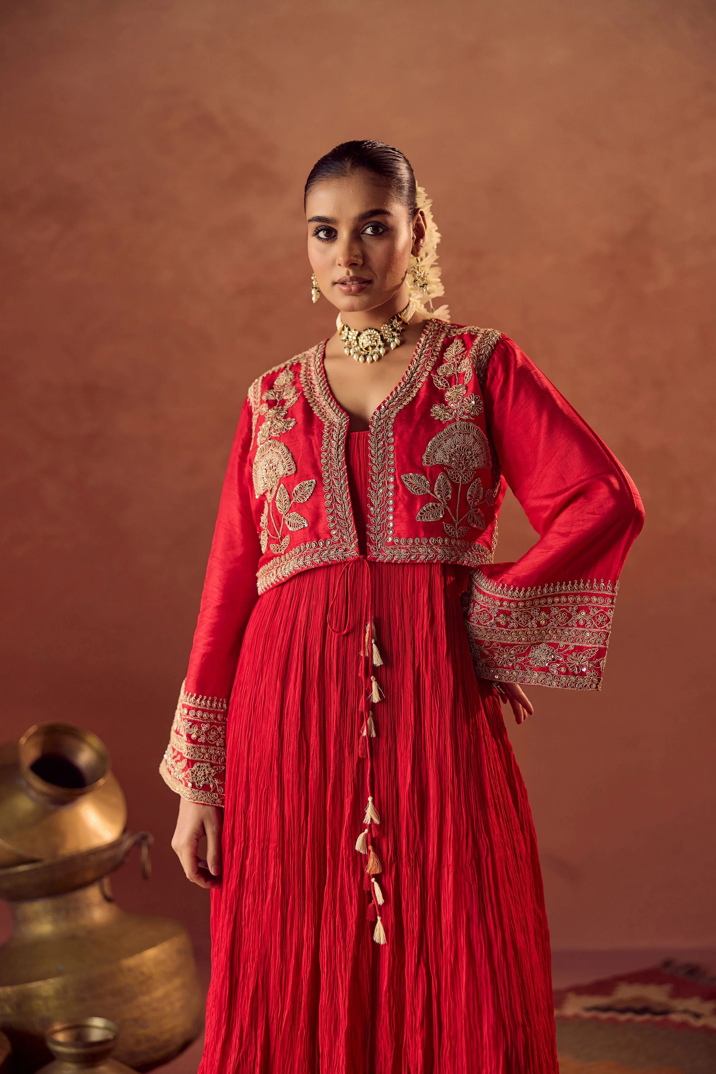 Crimson Red Embellished Georgette Silk Palazzo Set - Image 3