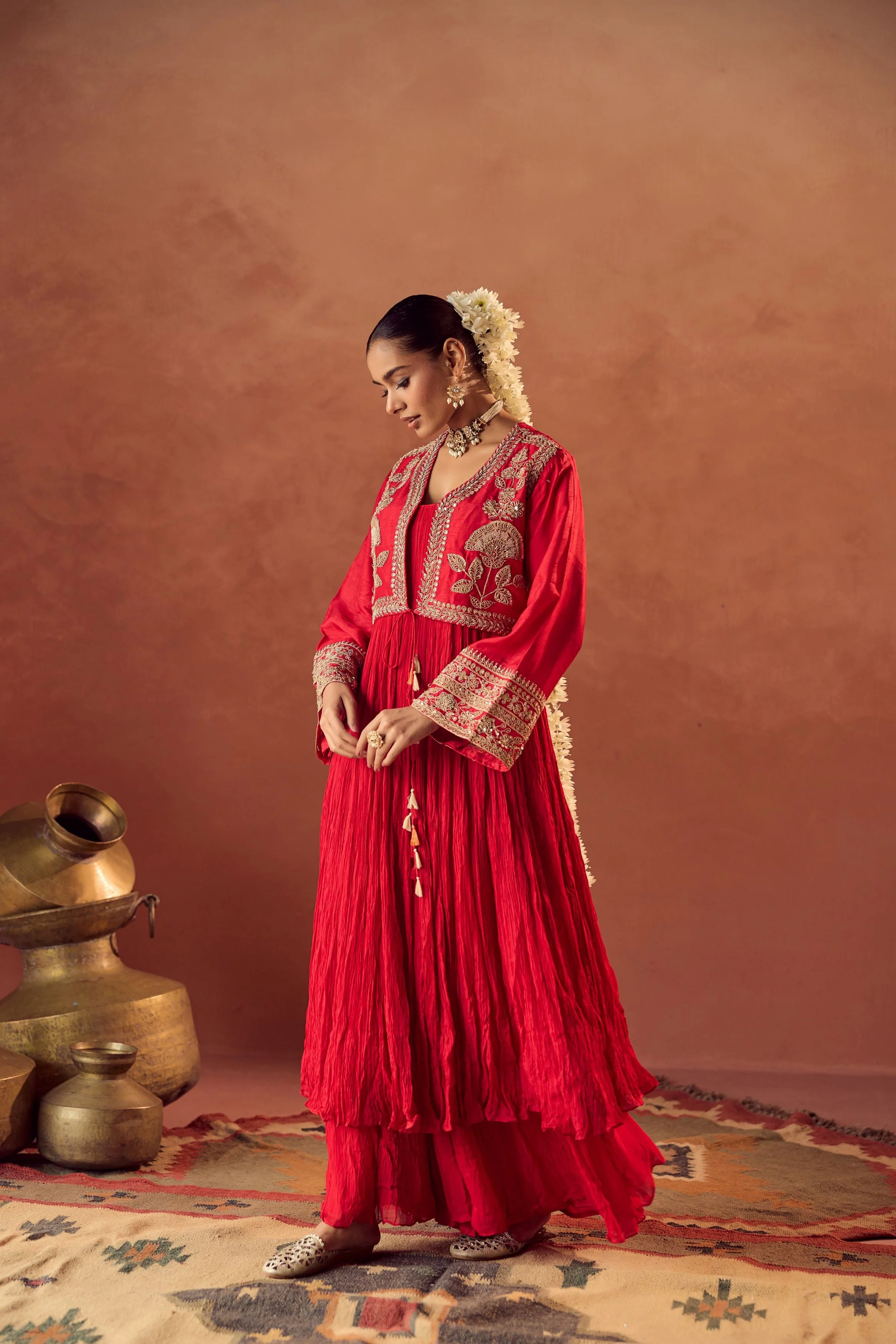 Crimson Red Embellished Georgette Silk Palazzo Set - Image 4