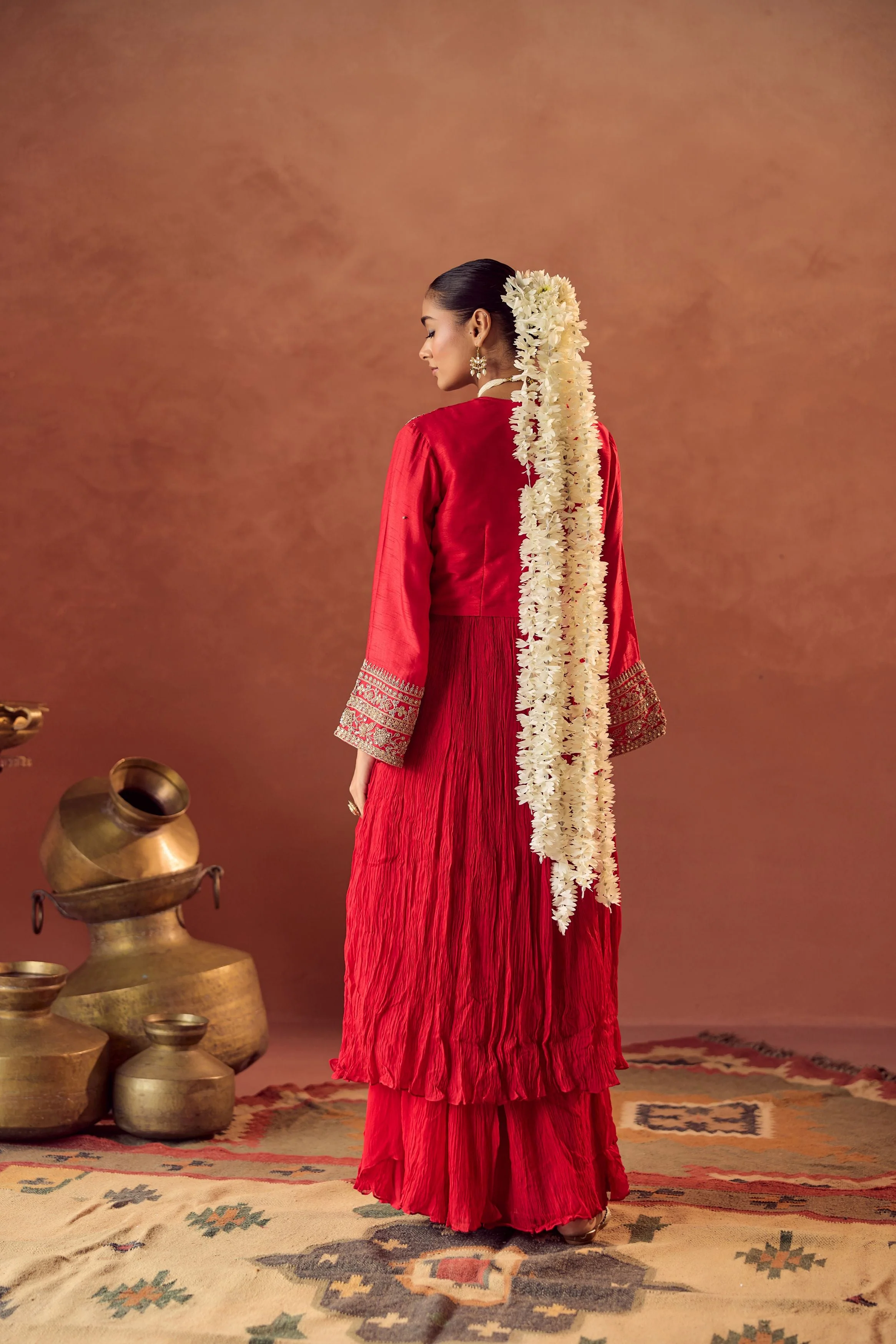 Crimson Red Embellished Georgette Silk Palazzo Set - Image 5