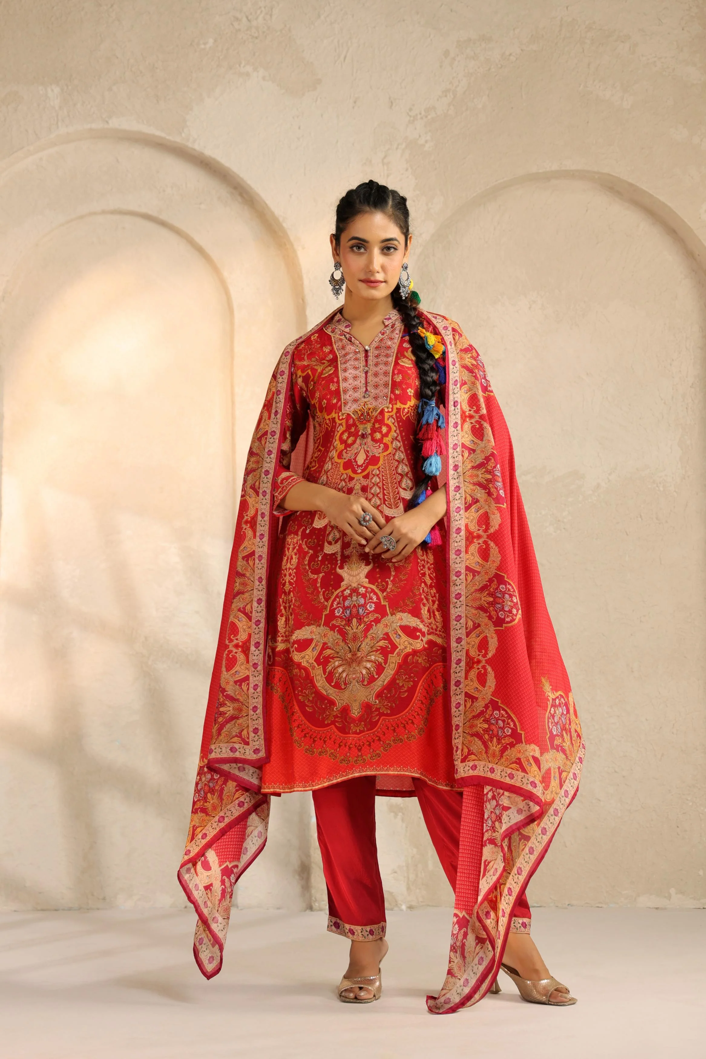 Crimson Red Printed Dola Silk Pant Set - Image 4