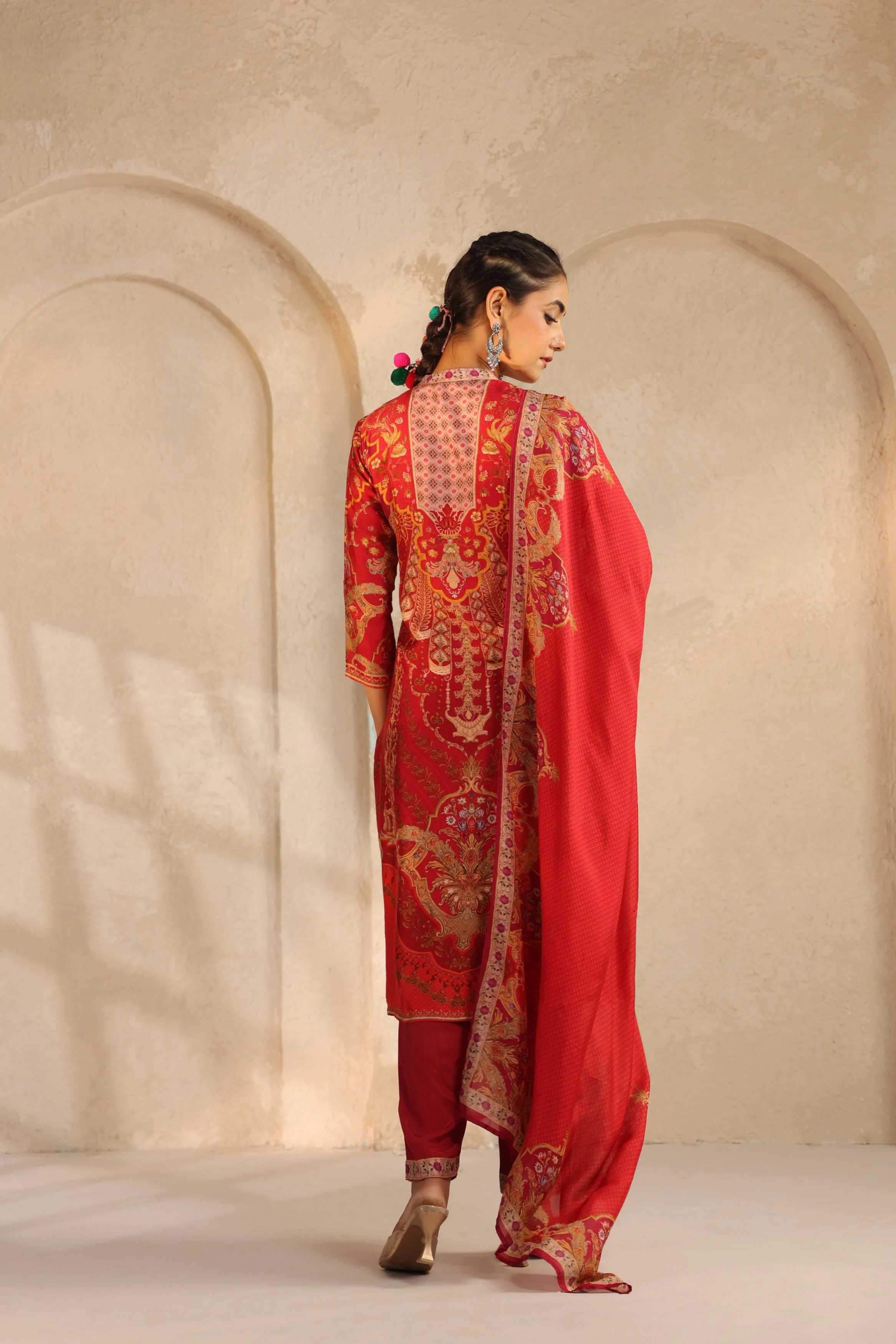 Crimson Red Printed Dola Silk Pant Set - Image 5