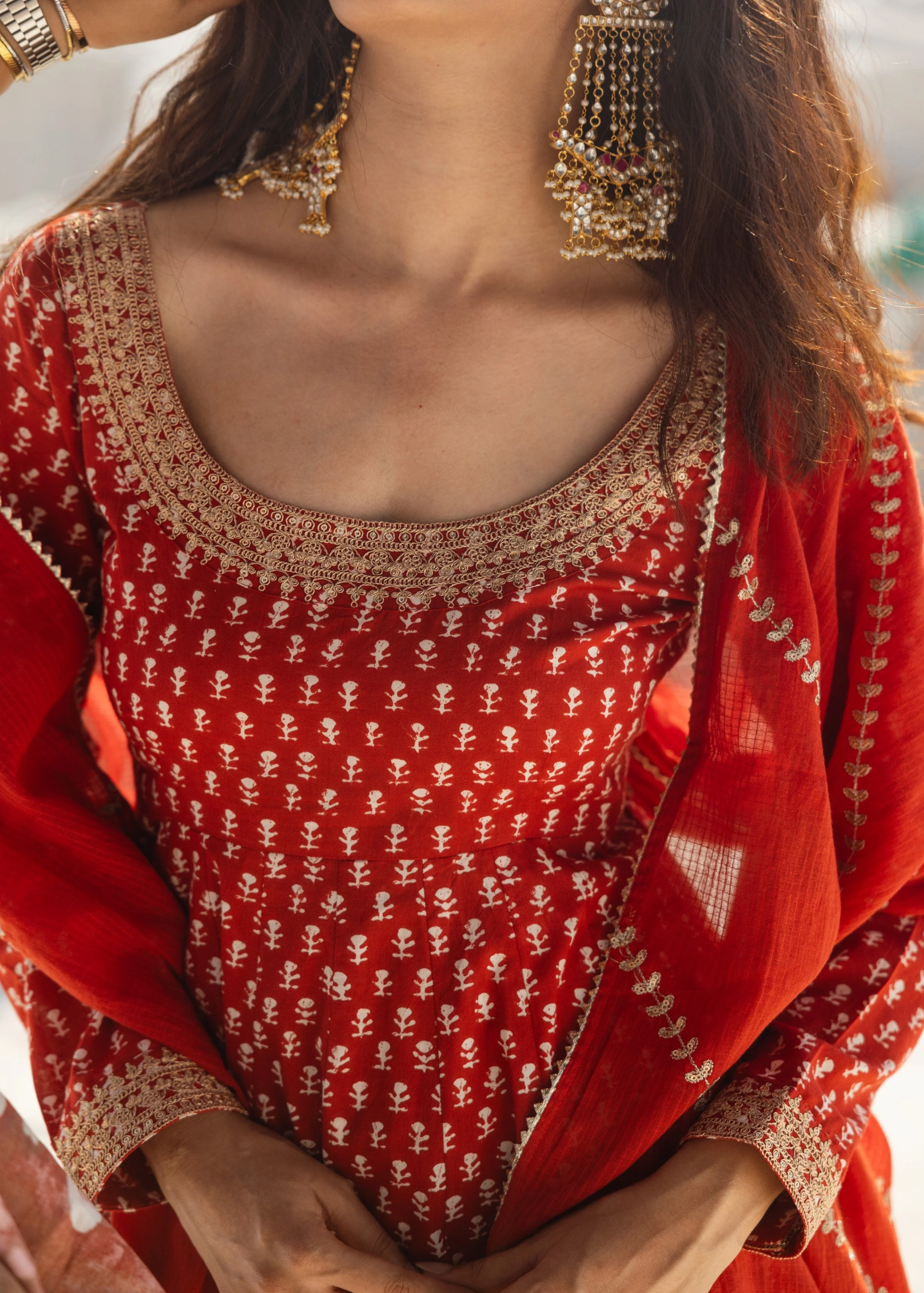 Crimson Red Embellished Organic Cotton Anarkali Set - Image 2