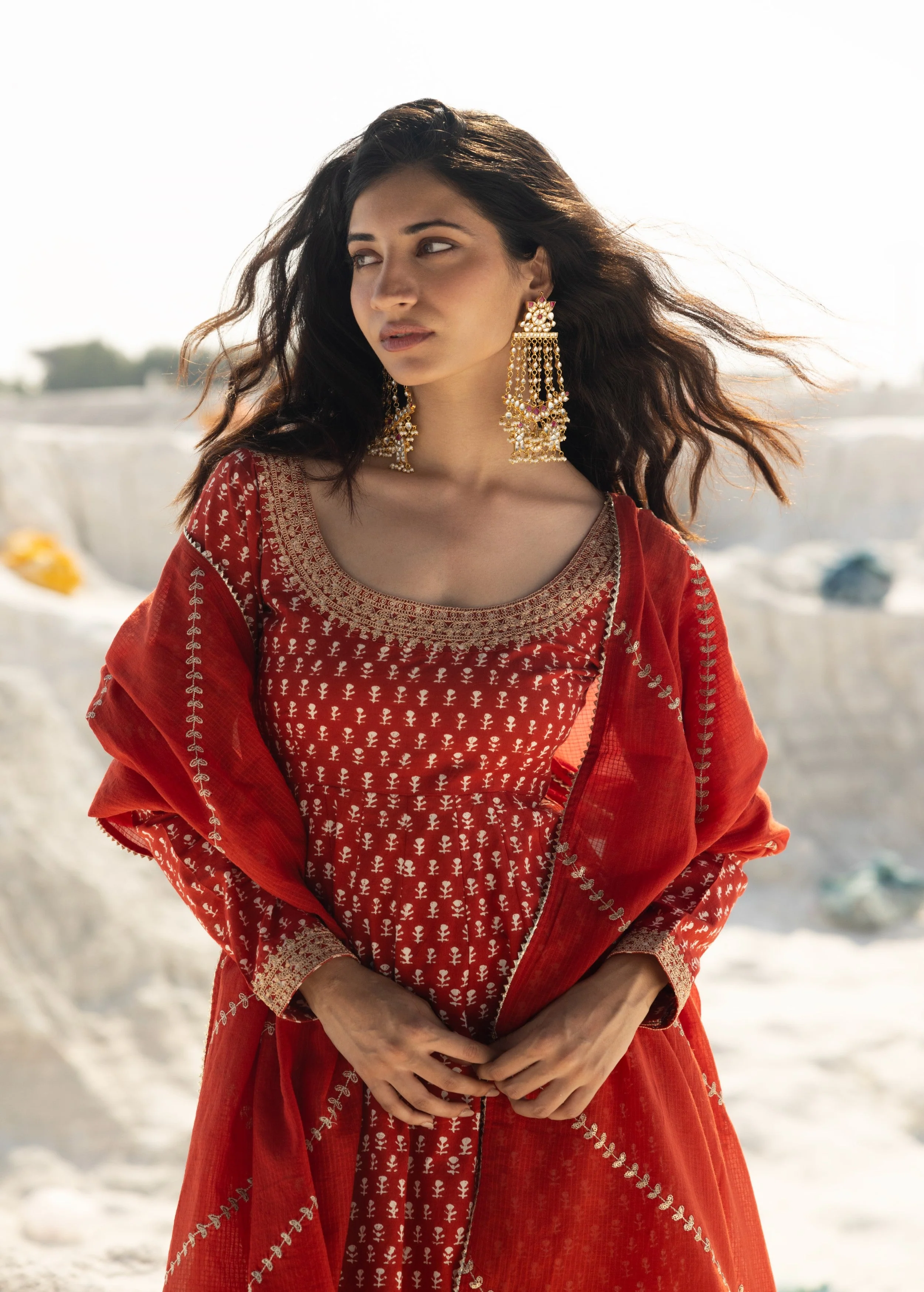 Crimson Red Embellished Organic Cotton Anarkali Set - Image 3