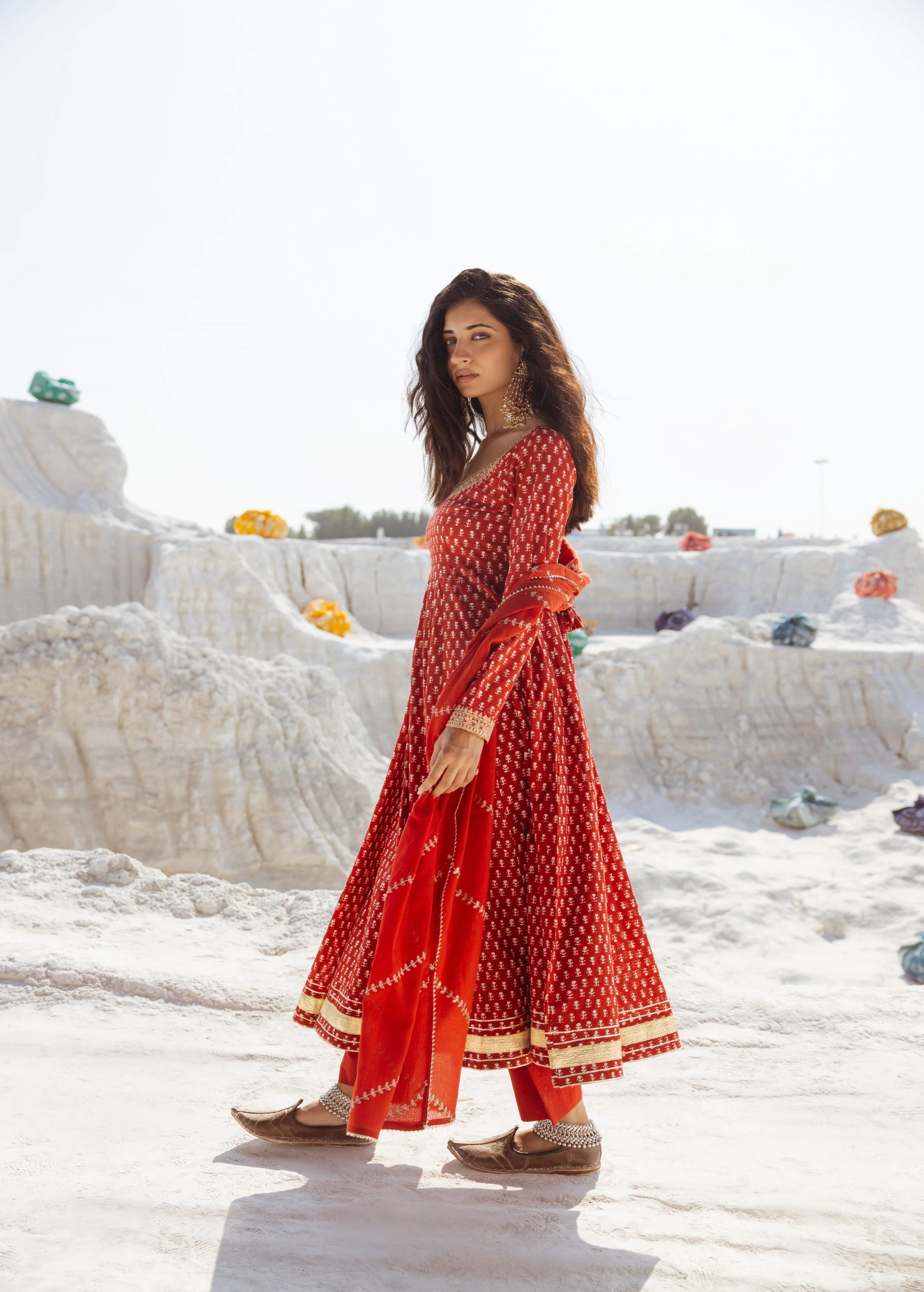 Crimson Red Embellished Organic Cotton Anarkali Set - Image 4