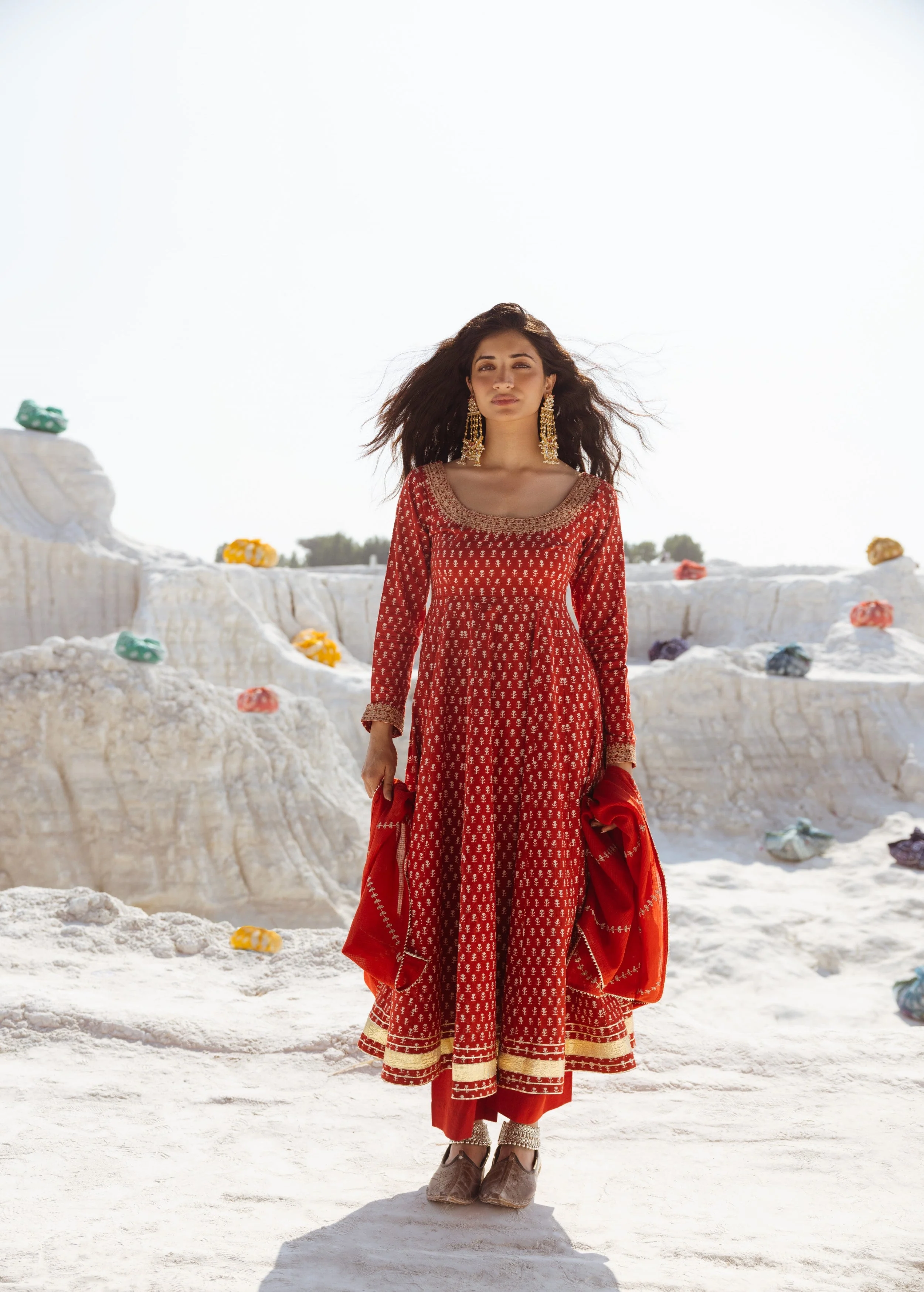 Crimson Red Embellished Organic Cotton Anarkali Set - Image 5