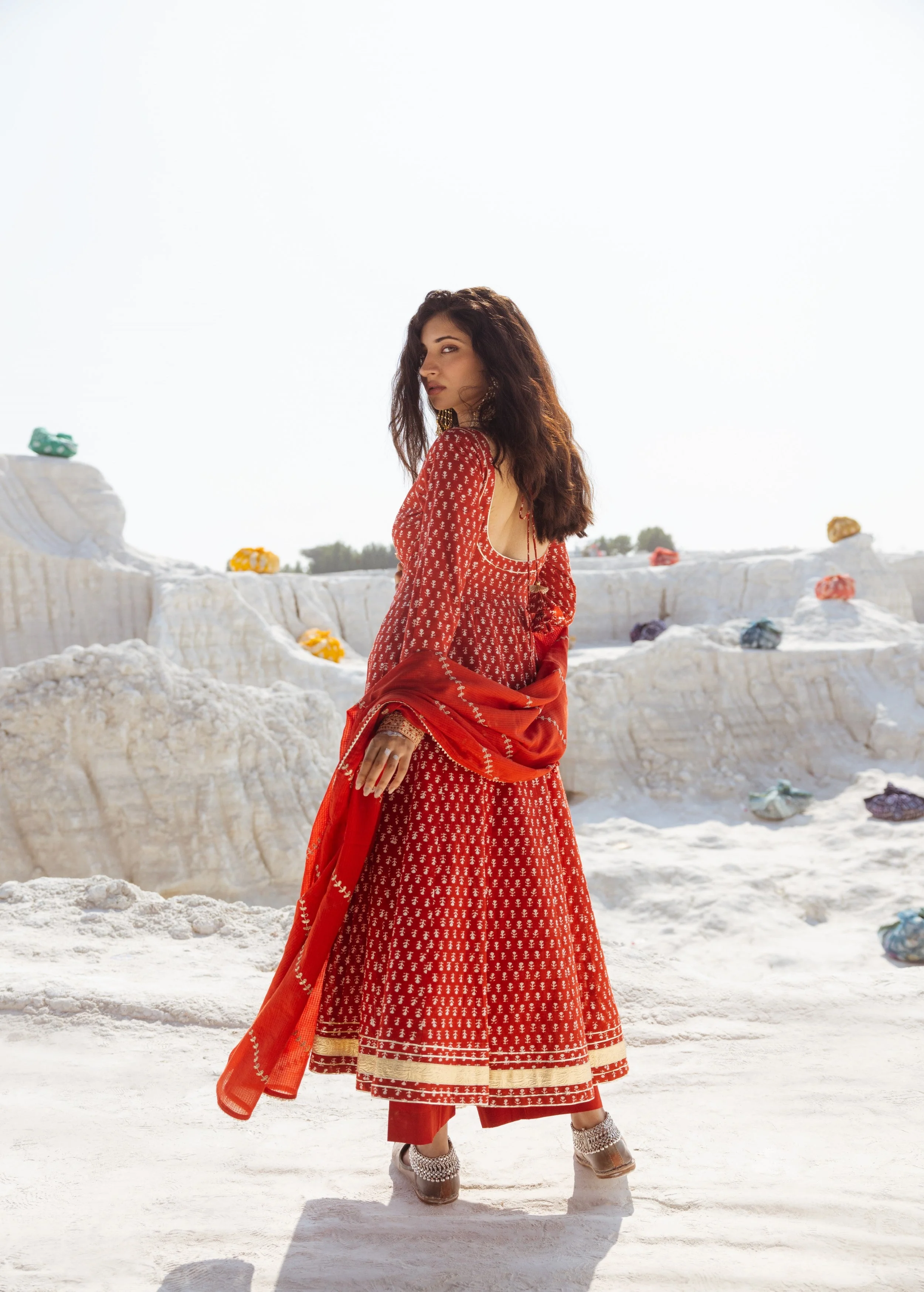 Crimson Red Embellished Organic Cotton Anarkali Set - Image 6