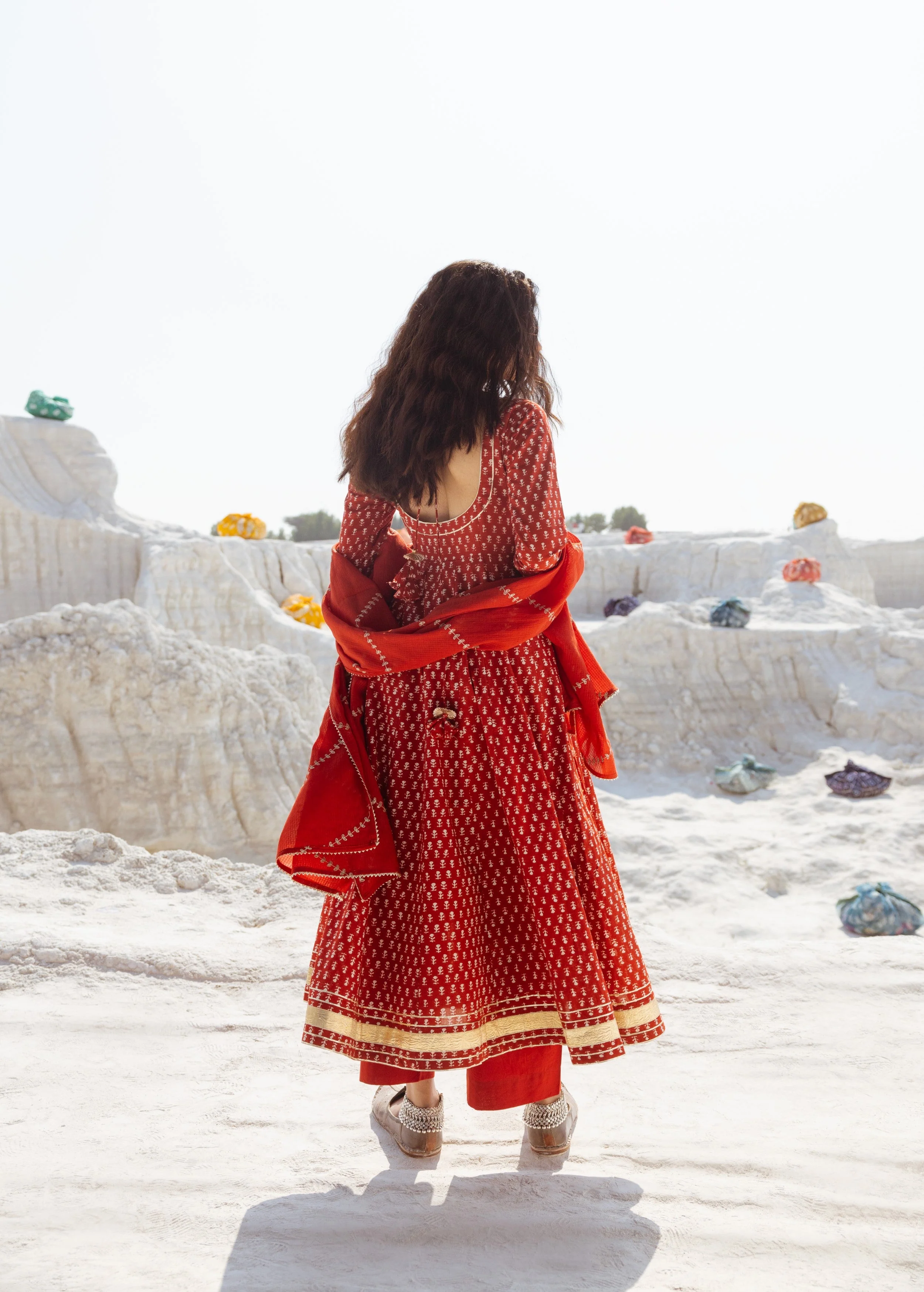 Crimson Red Embellished Organic Cotton Anarkali Set - Image 7