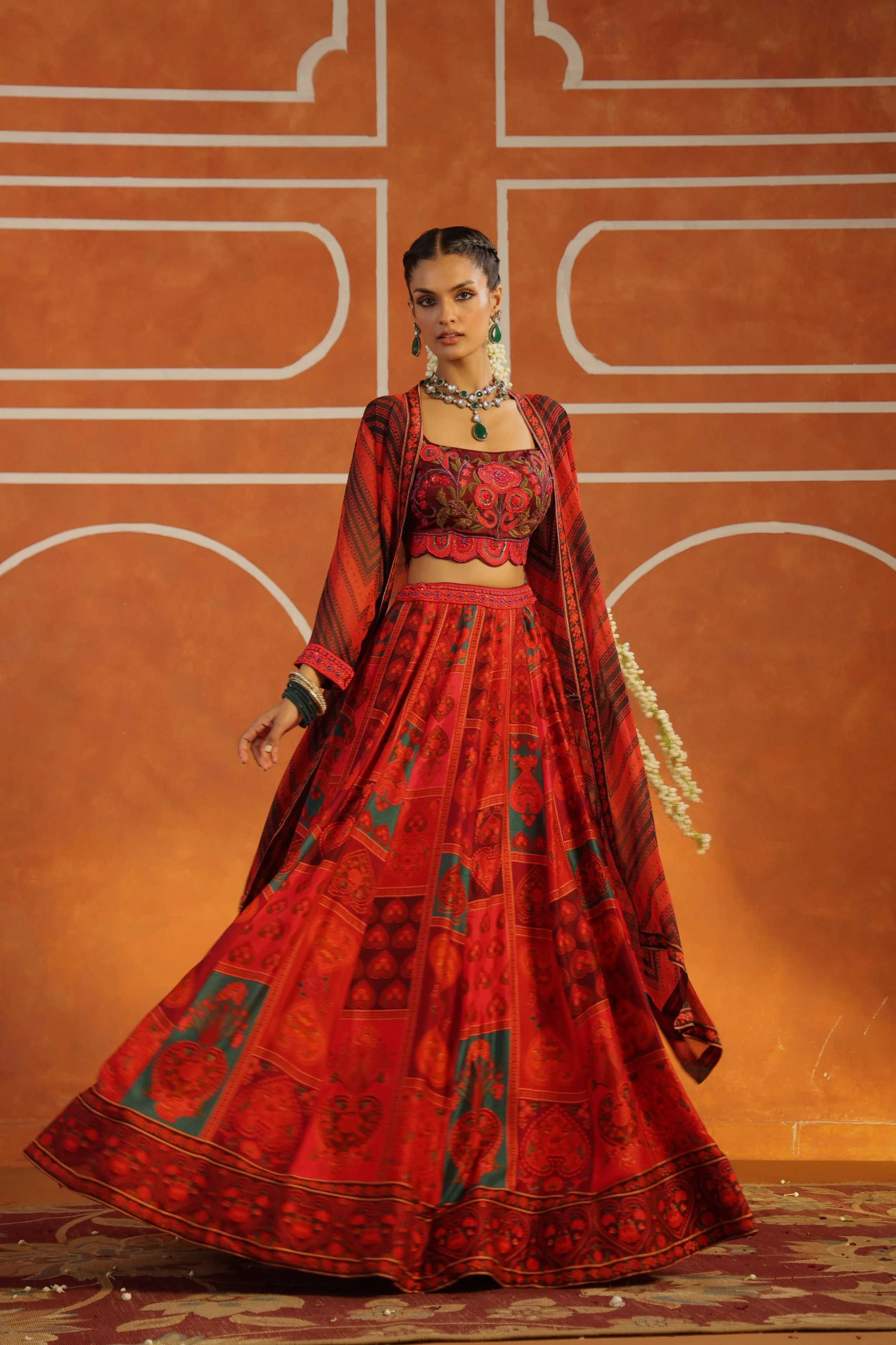 Crimson Red Printed Raw Silk Cape Set - Image 3