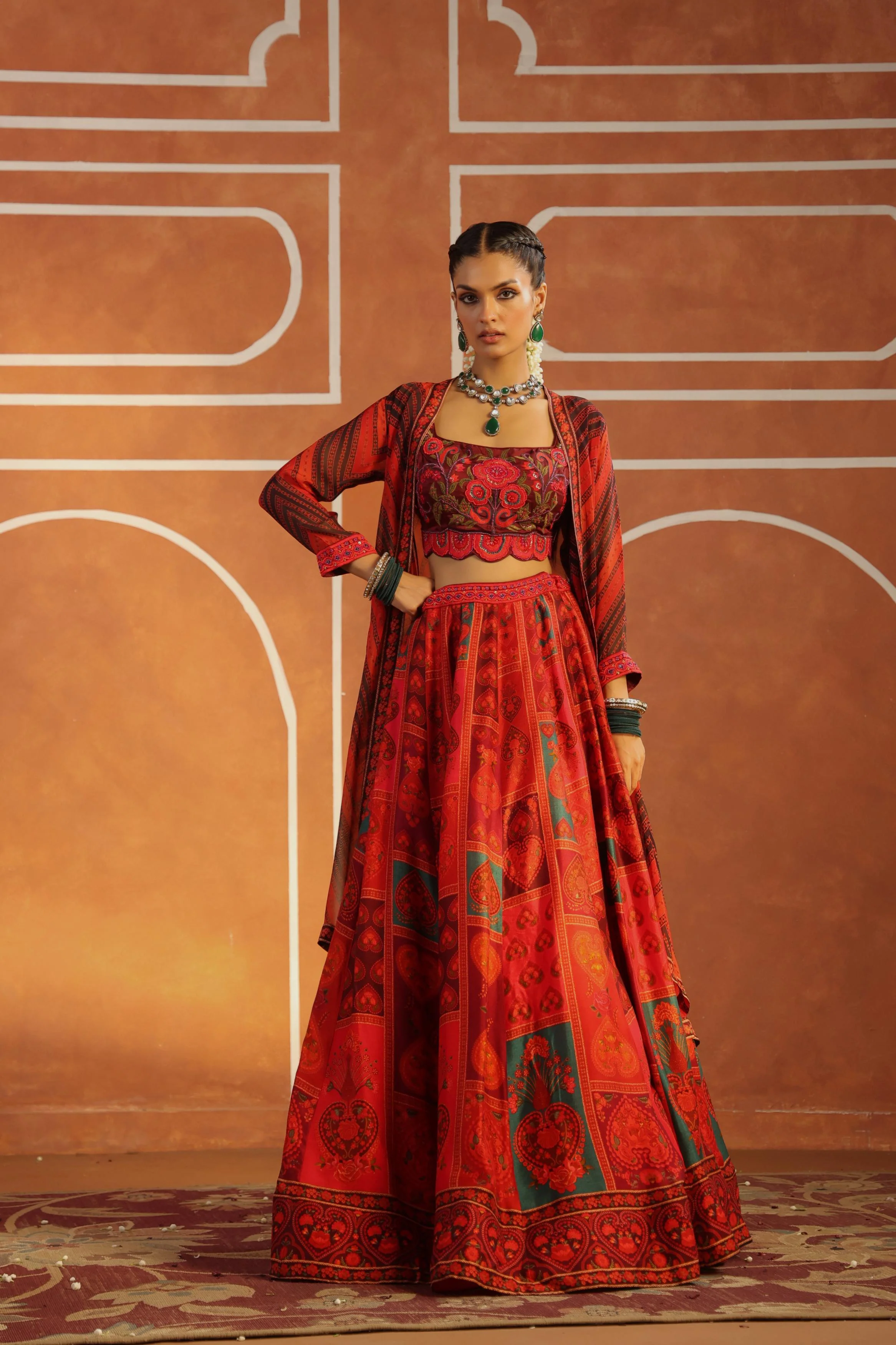 Crimson Red Printed Raw Silk Cape Set - Image 4