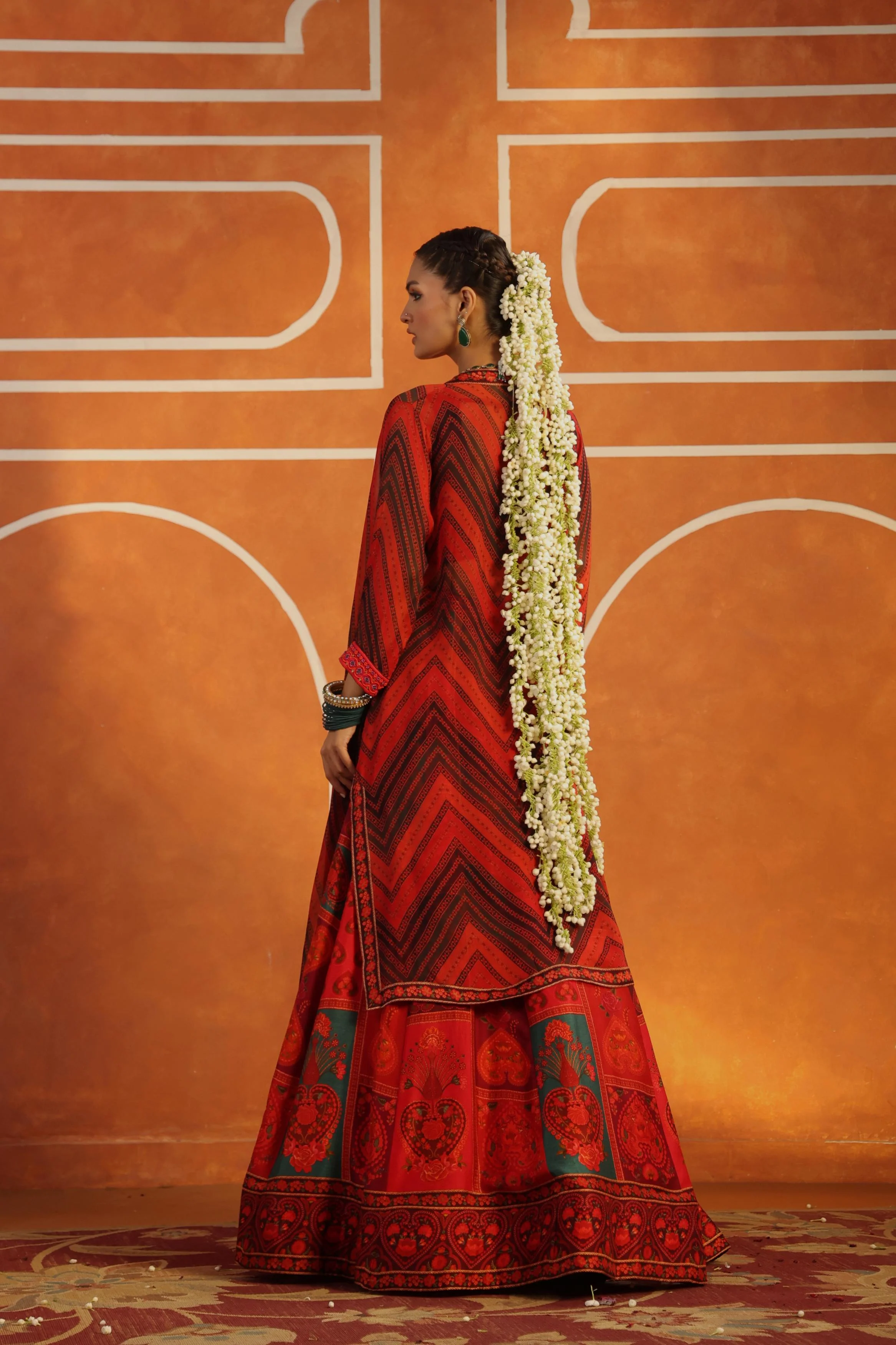 Crimson Red Printed Raw Silk Cape Set - Image 5