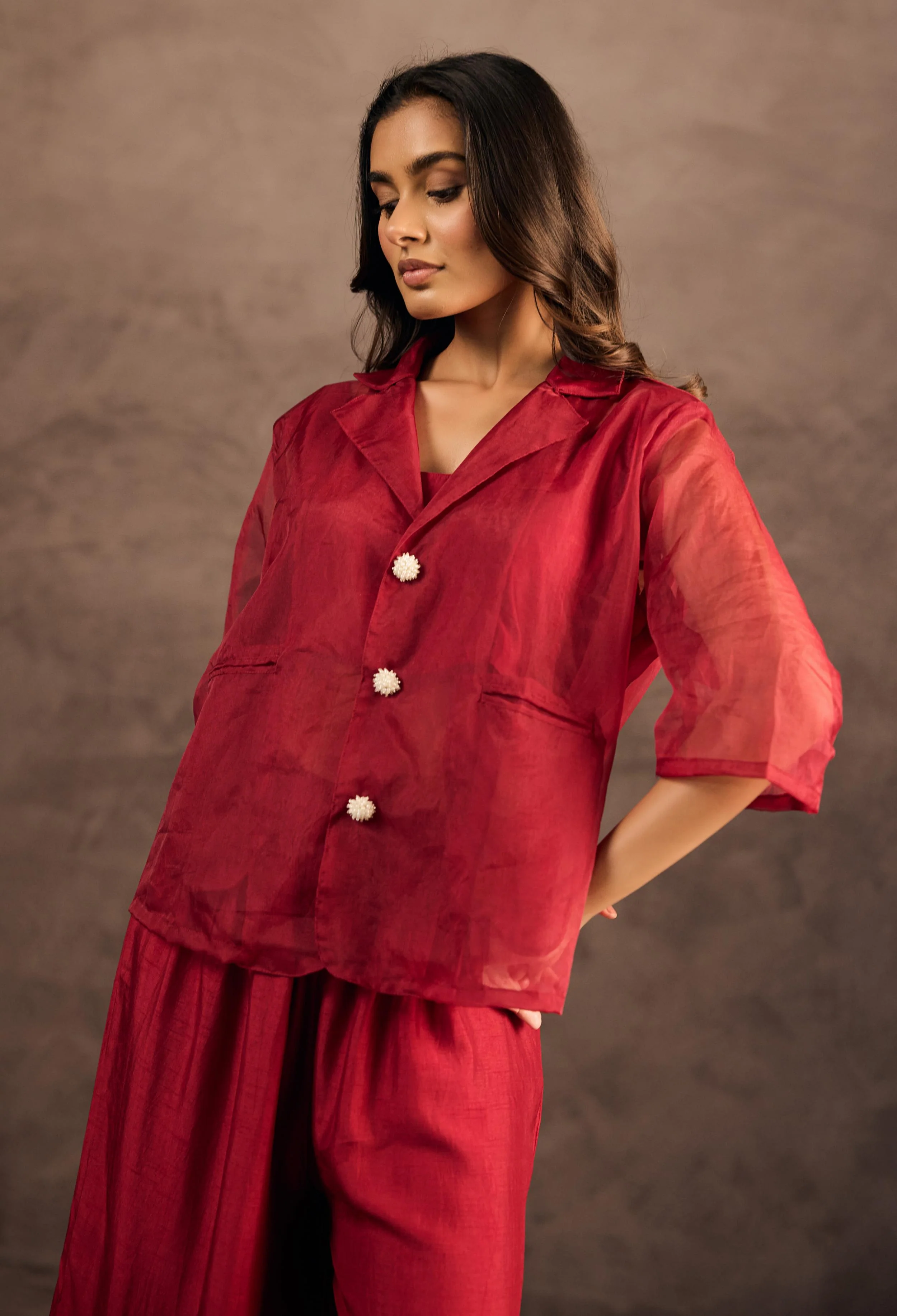 Crimson Red Tie Dye Raw Silk Co-Ord Set - Image 3