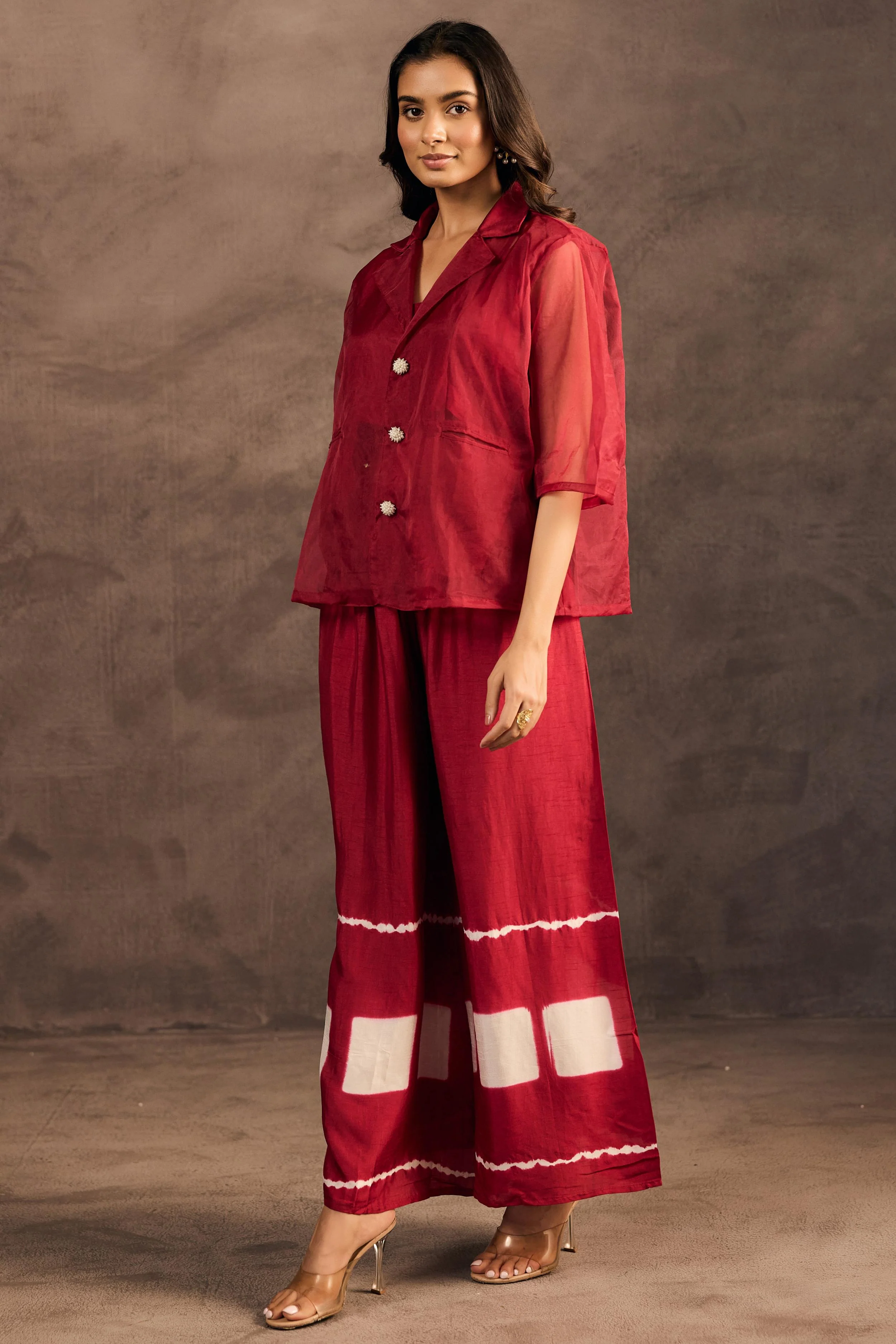 Crimson Red Tie Dye Raw Silk Co-Ord Set - Image 4