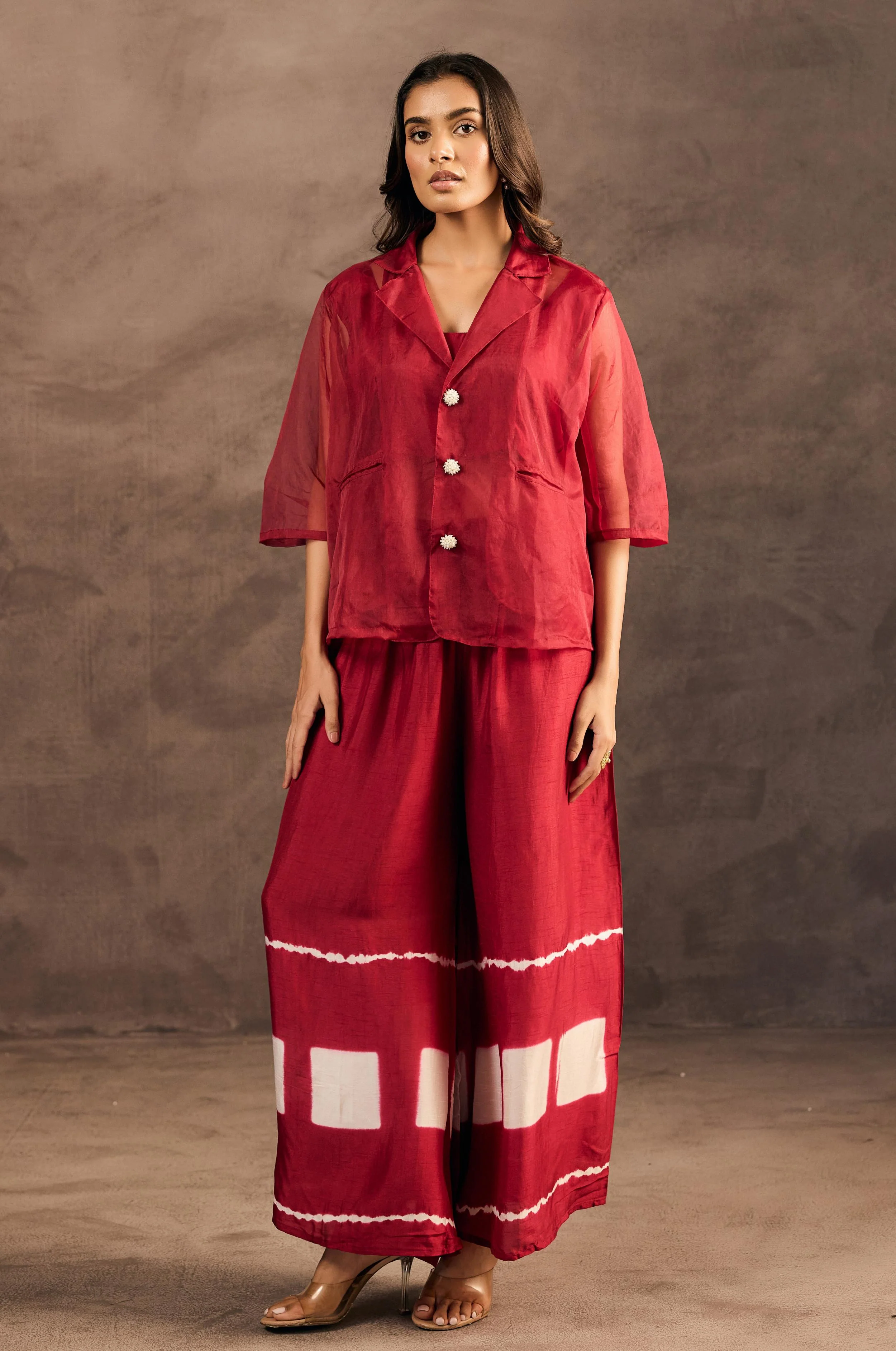 Crimson Red Tie Dye Raw Silk Co-Ord Set - Image 5