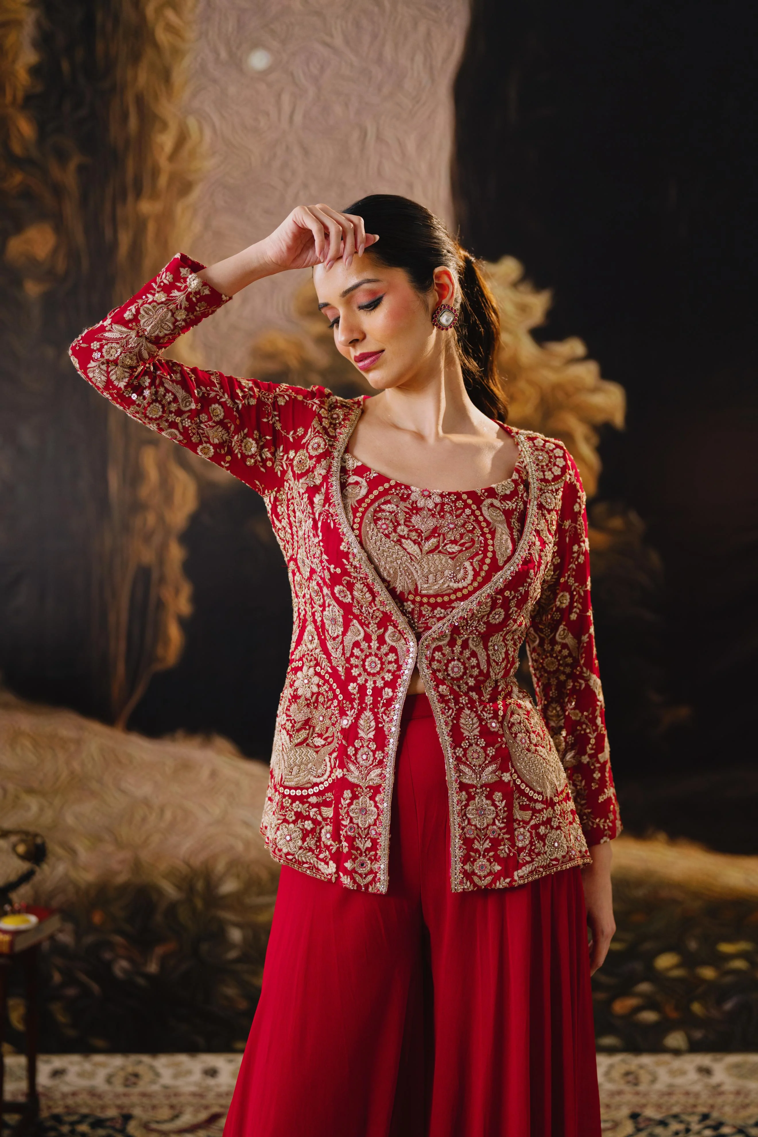 Crimson Royale Embroidered Jacket Palazzo Set - Image 2