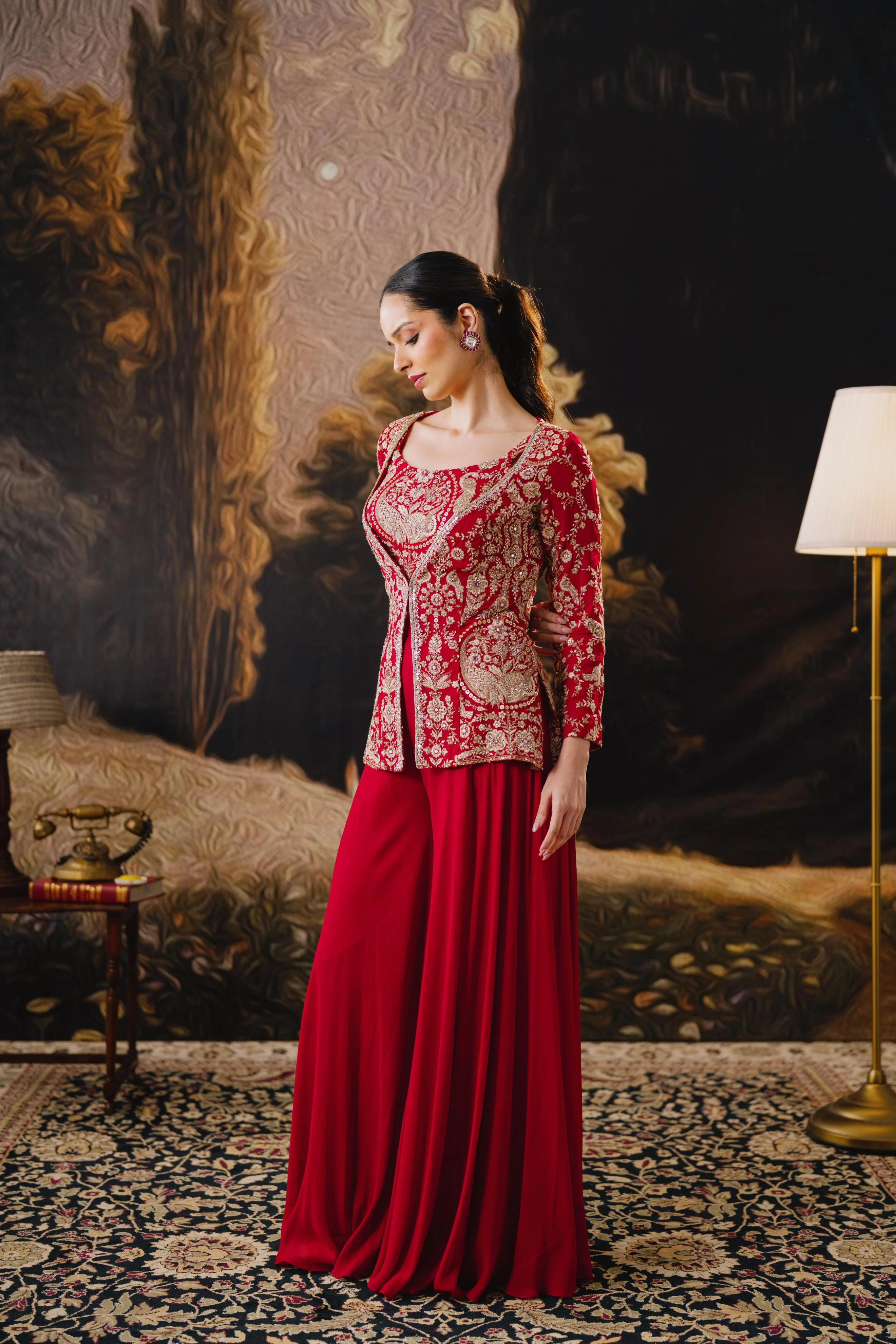 Crimson Royale Embroidered Jacket Palazzo Set - Image 3