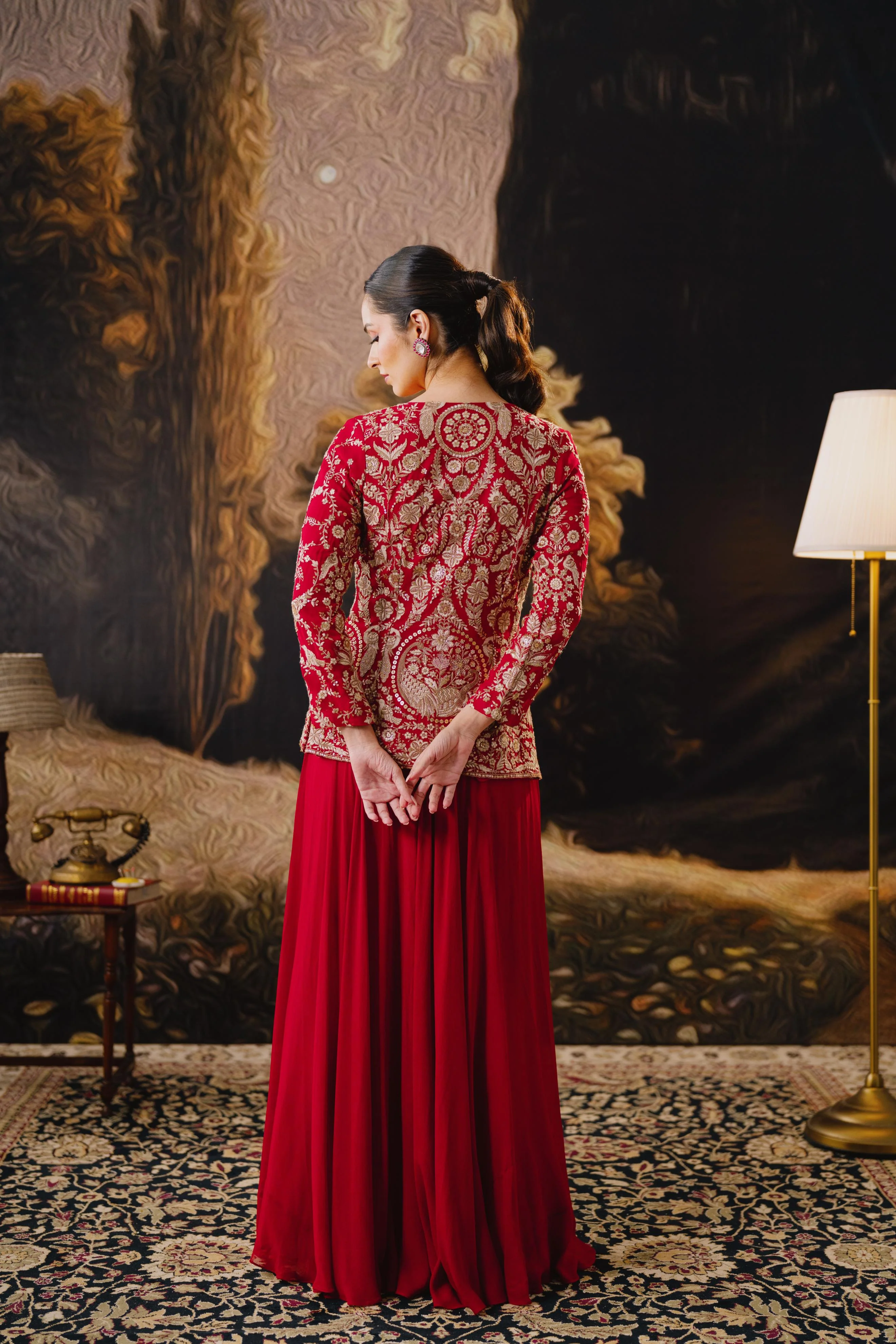 Crimson Royale Embroidered Jacket Palazzo Set - Image 4
