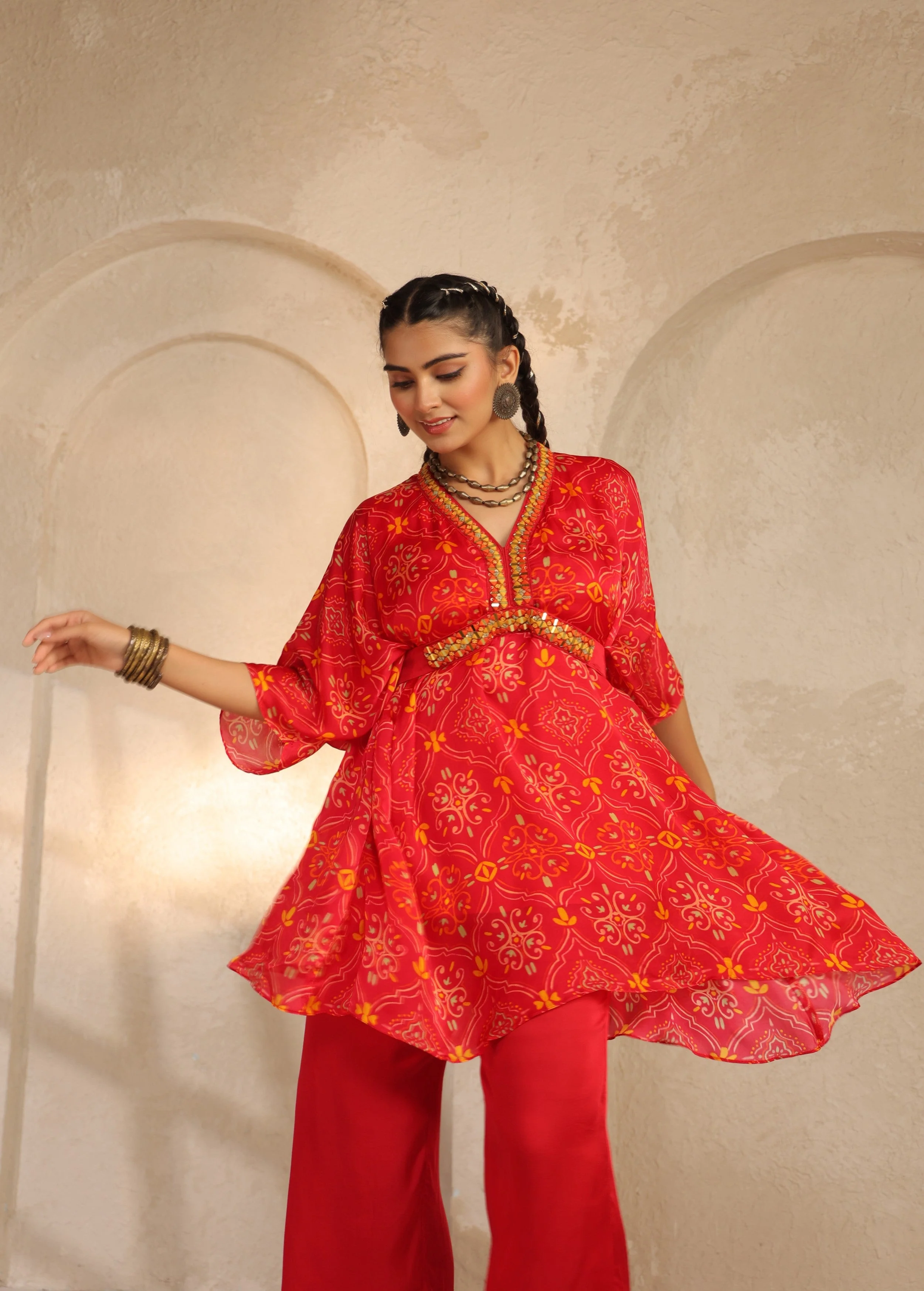 Crimson Red Printed Viscose Georgette Co-Ord Set - Image 3