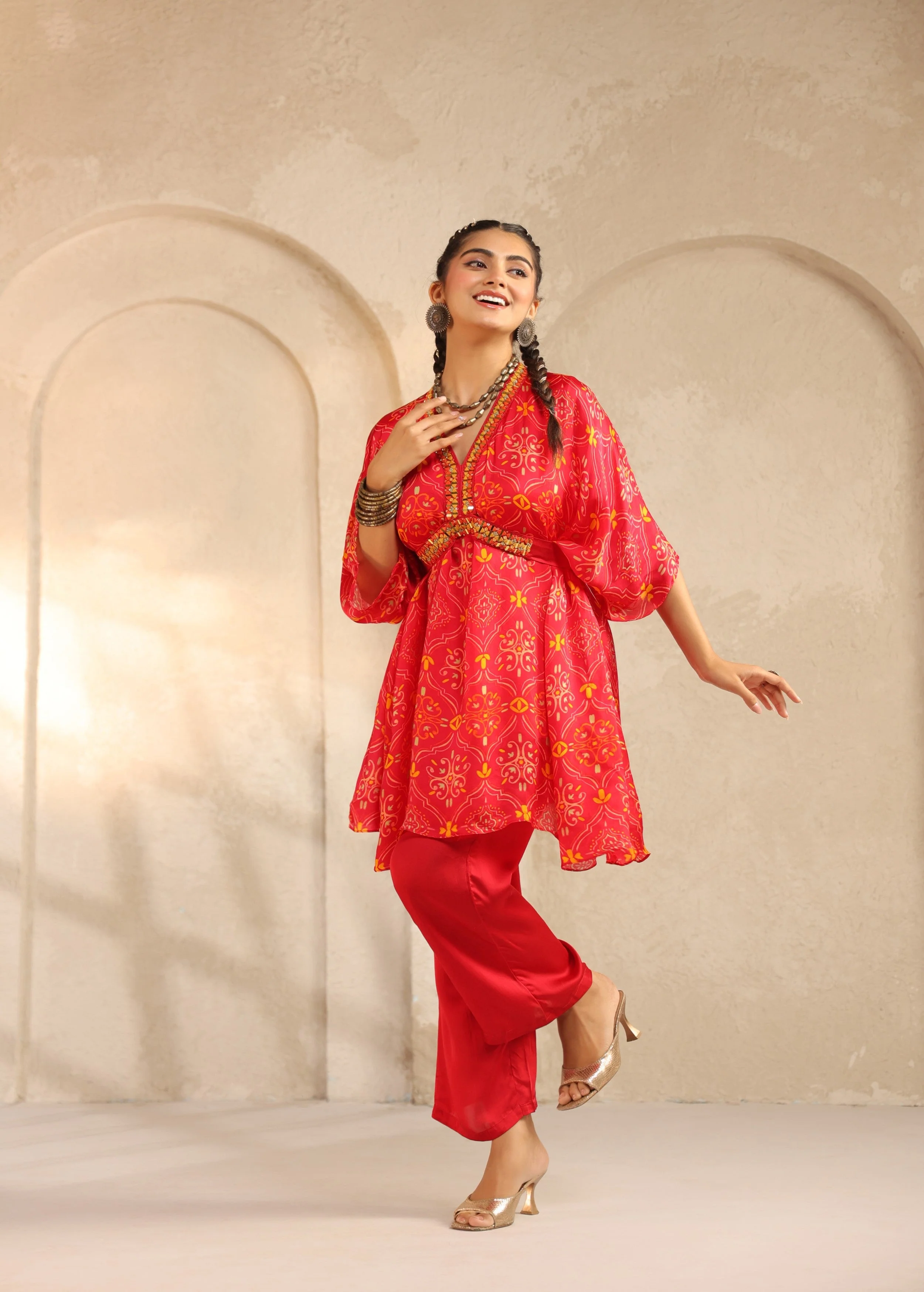 Crimson Red Printed Viscose Georgette Co-Ord Set - Image 4