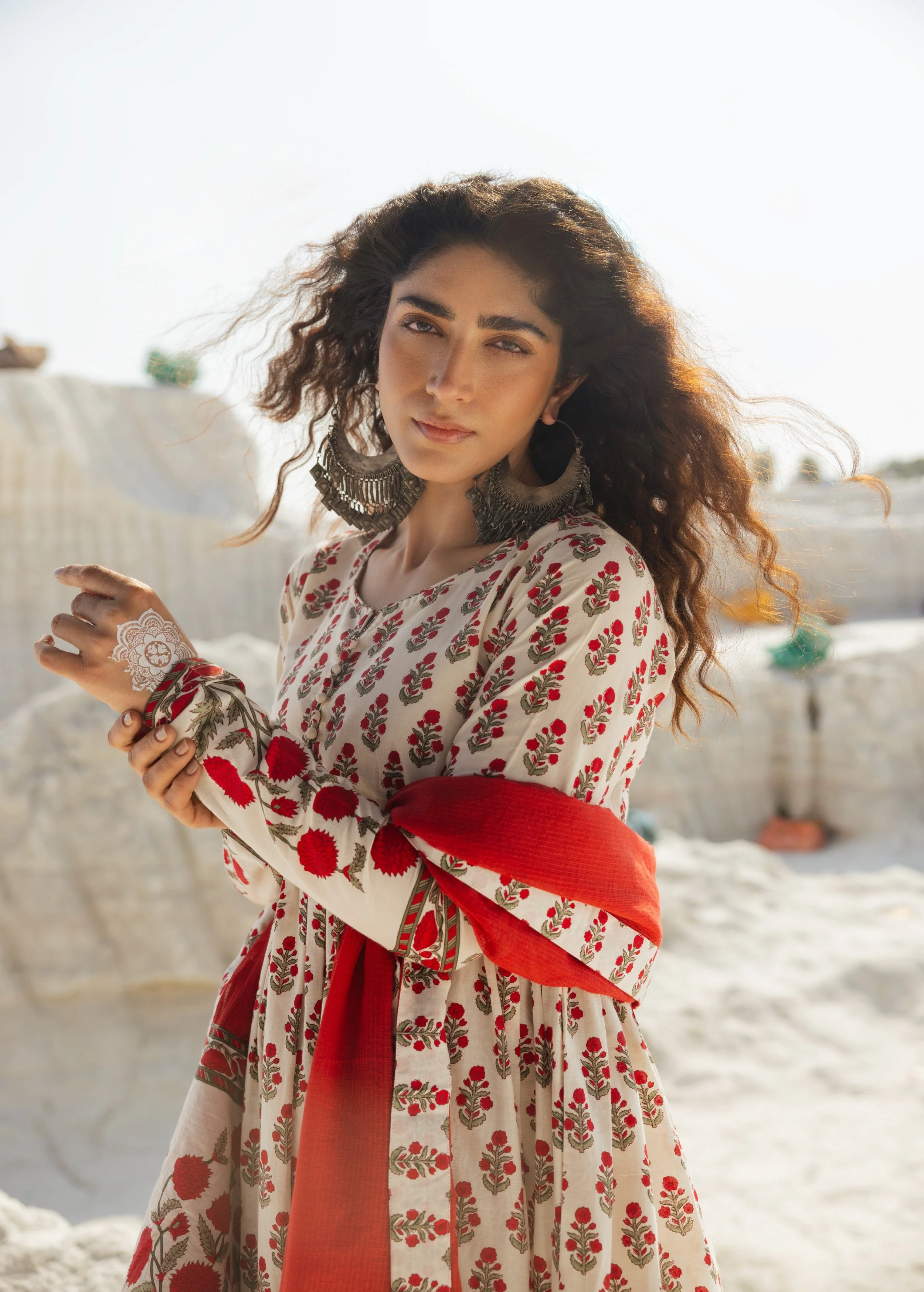 Cream and Red Printed Organic Cotton Anarkali Set - Image 2