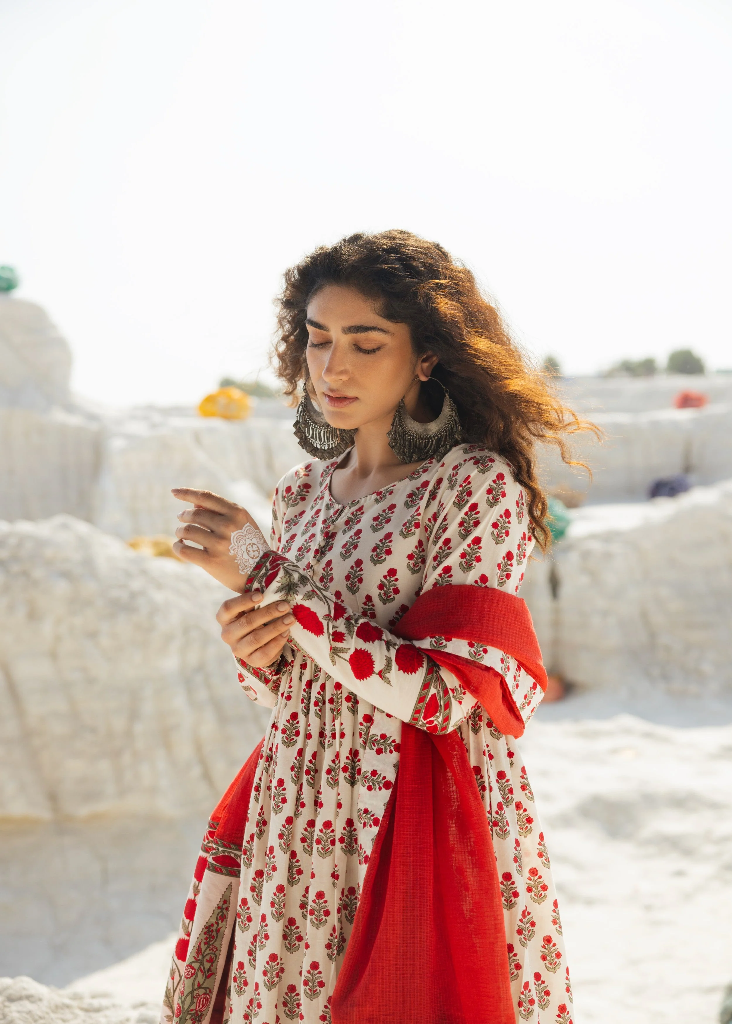 Cream and Red Printed Organic Cotton Anarkali Set - Image 3