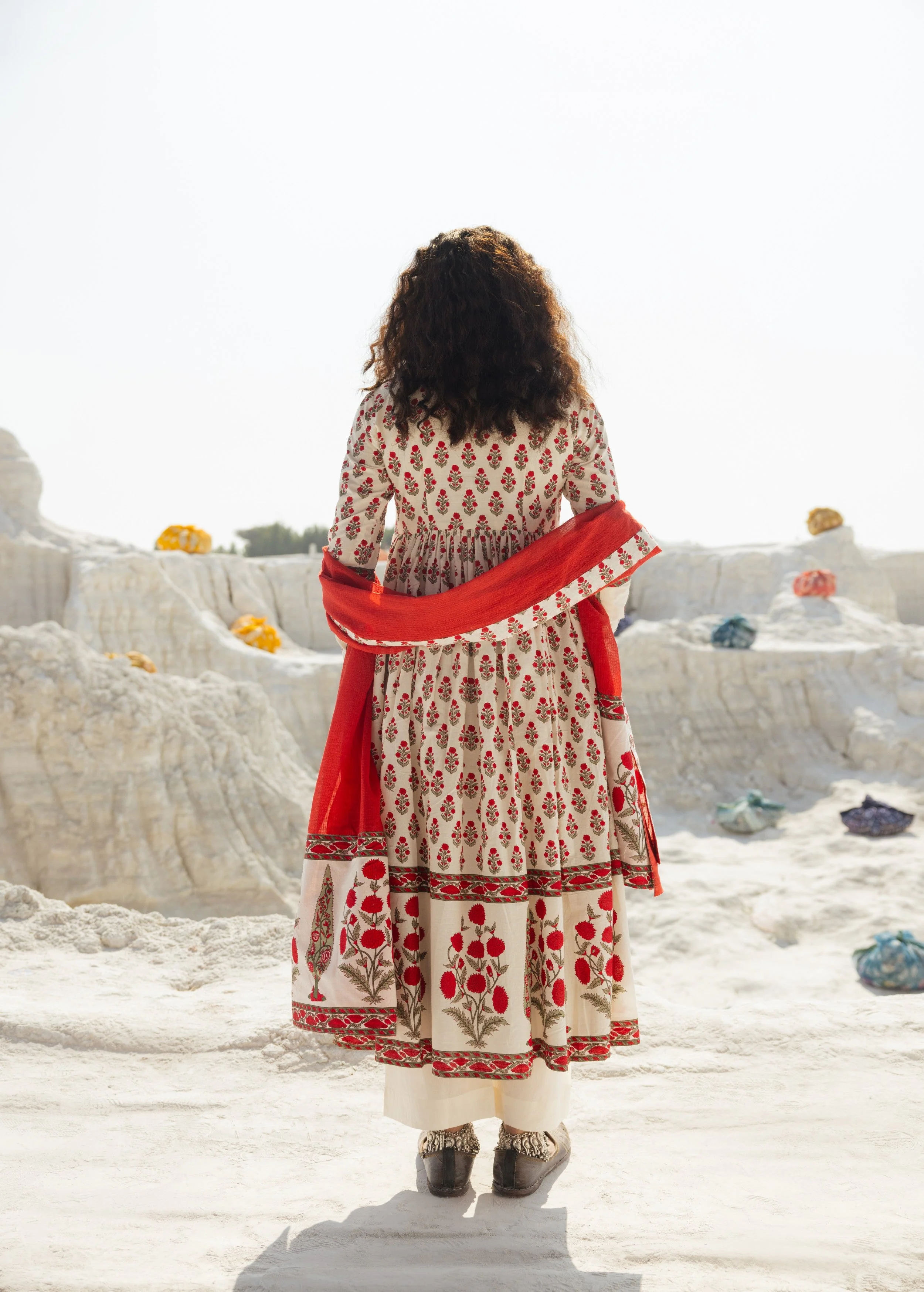 Cream and Red Printed Organic Cotton Anarkali Set - Image 4