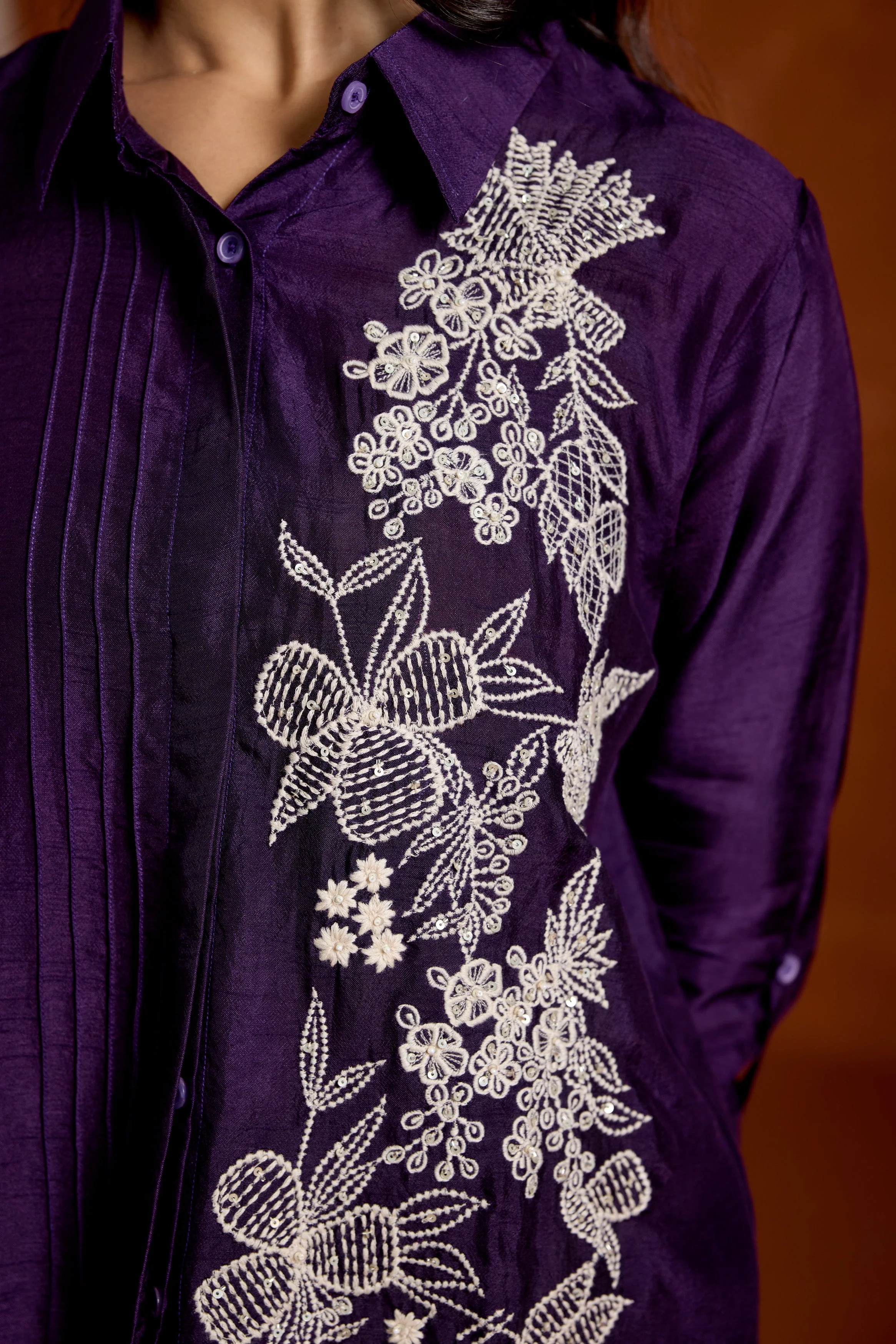 Deep Purple  Embroidered Raw Silk Co-Ord Set - Image 3