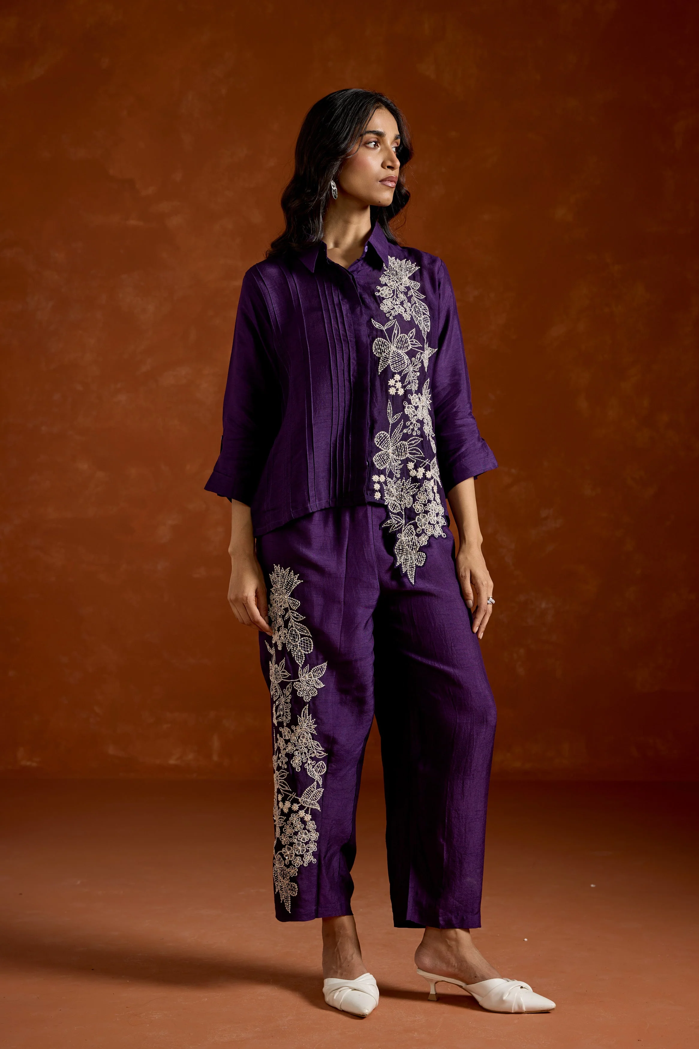 Deep Purple  Embroidered Raw Silk Co-Ord Set - Image 5