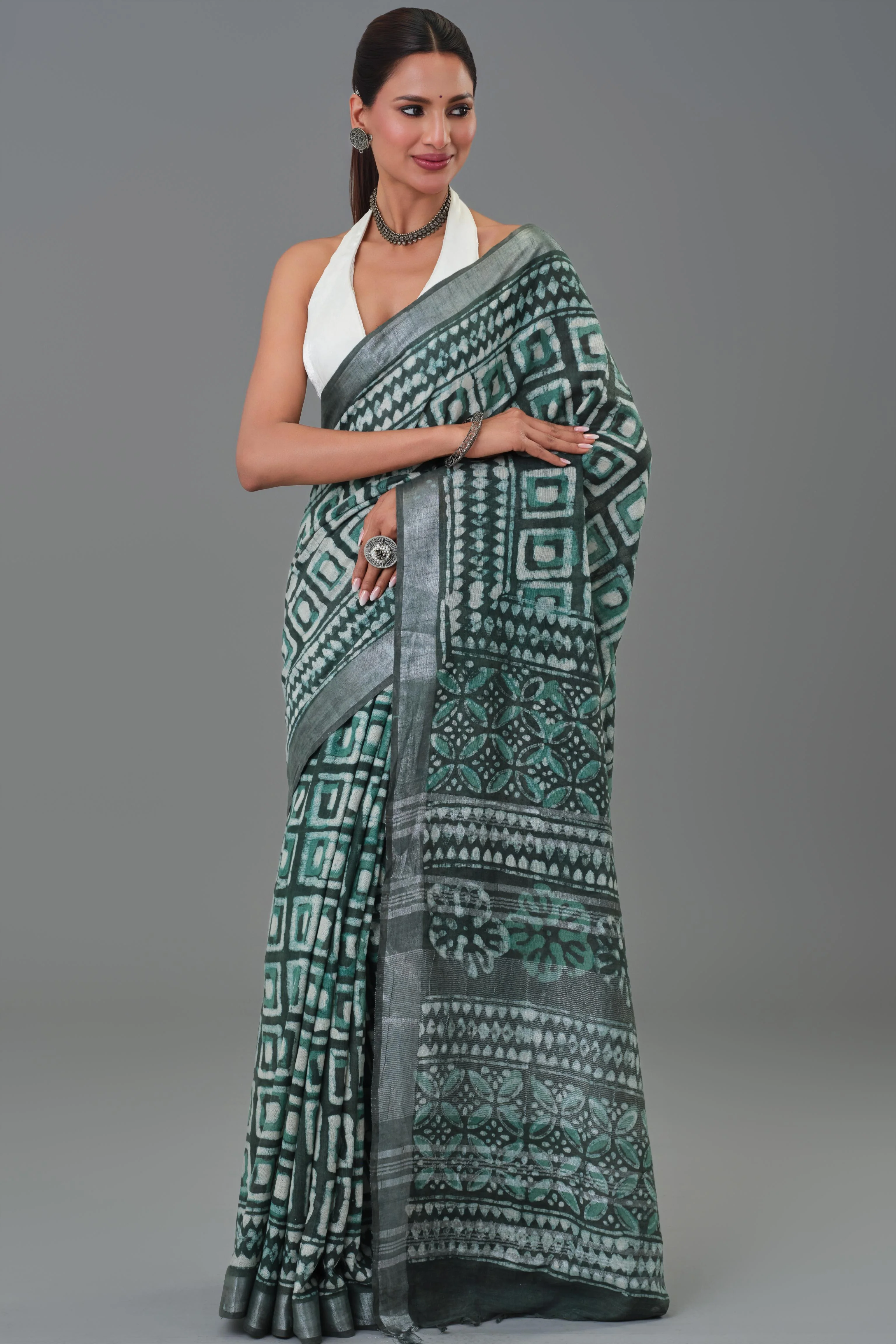 Teal Dabu Hand Block Printed Linen Saree - Image 2