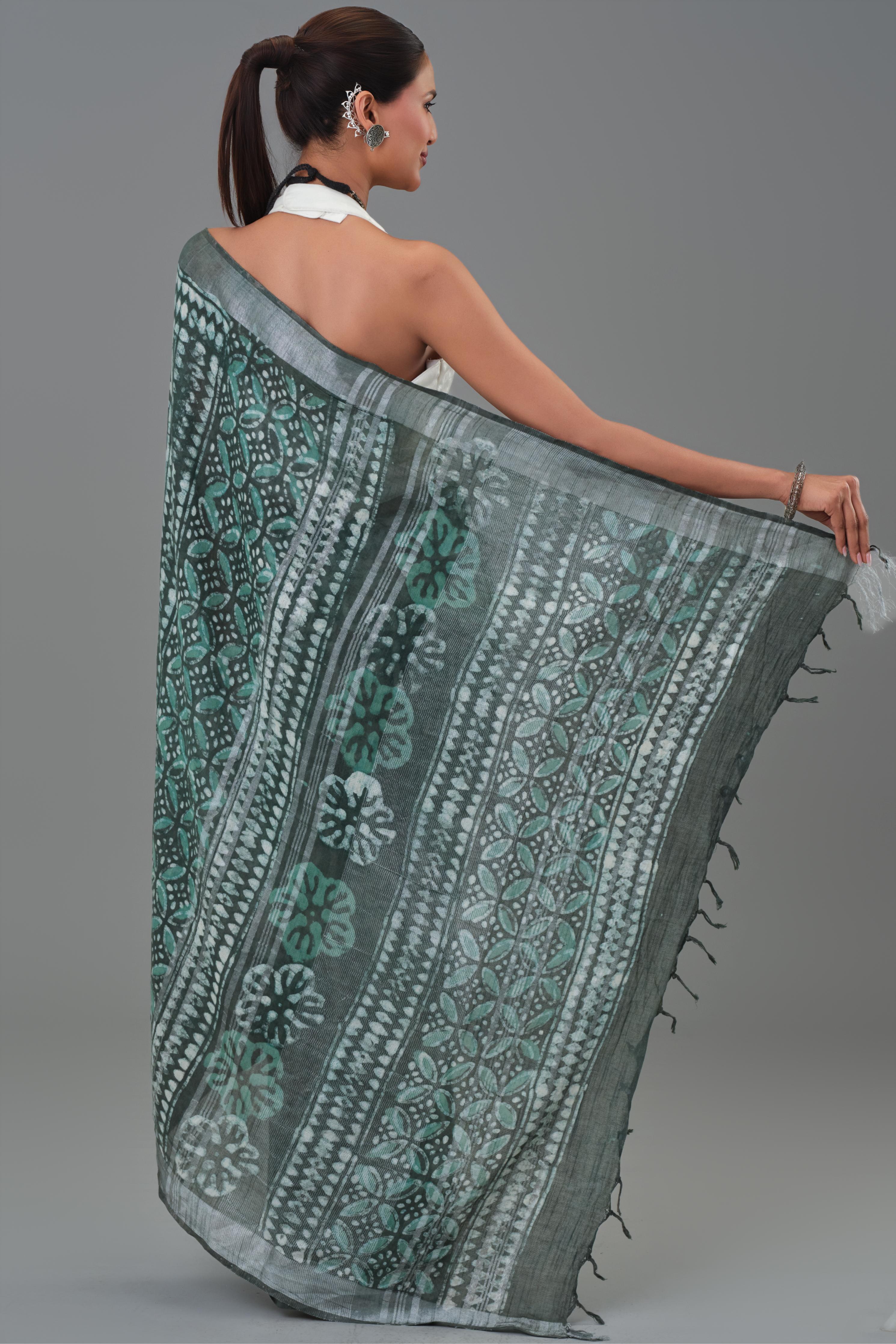 Teal Dabu Hand Block Printed Linen Saree - Image 3
