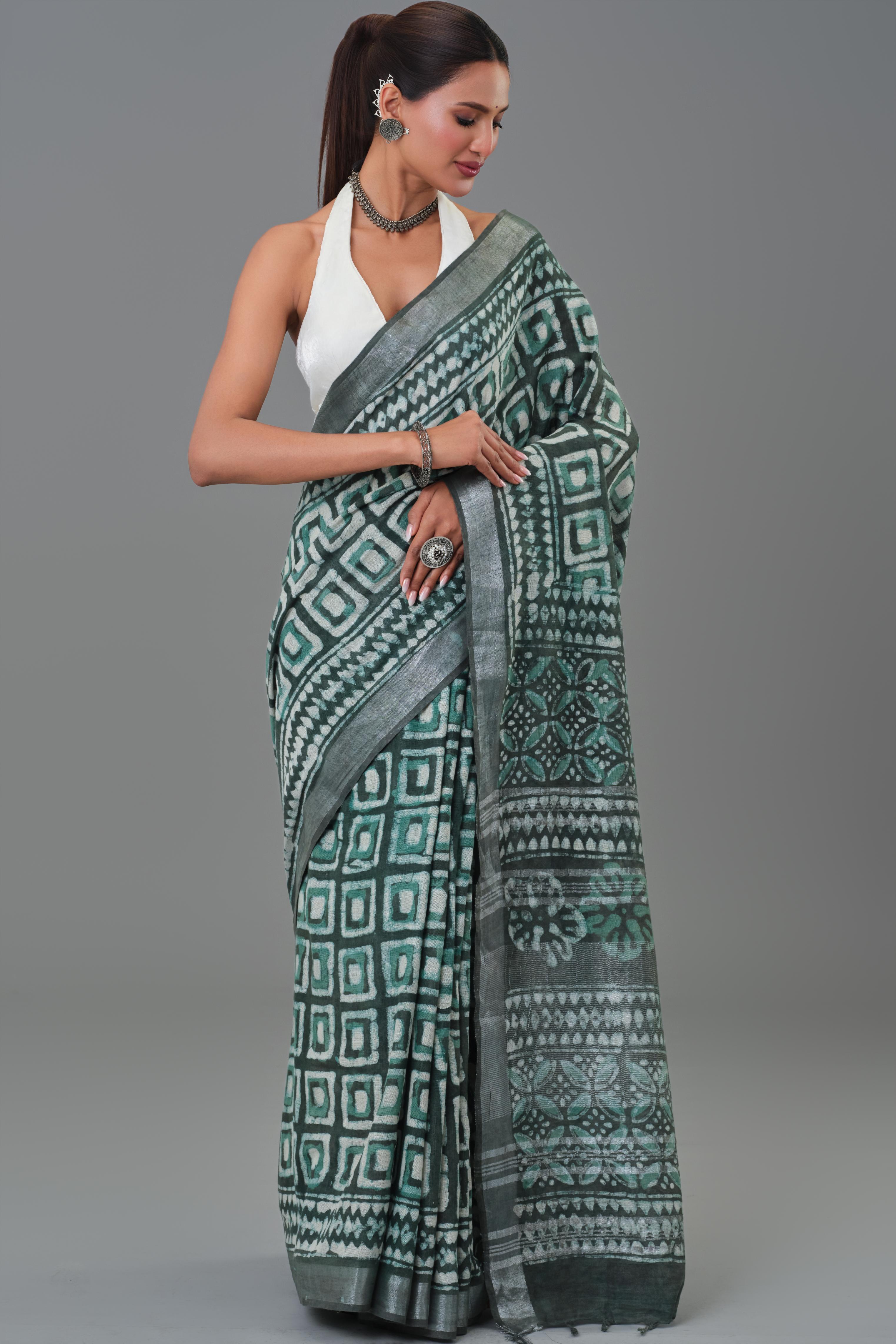 Teal Dabu Hand Block Printed Linen Saree - Image 5