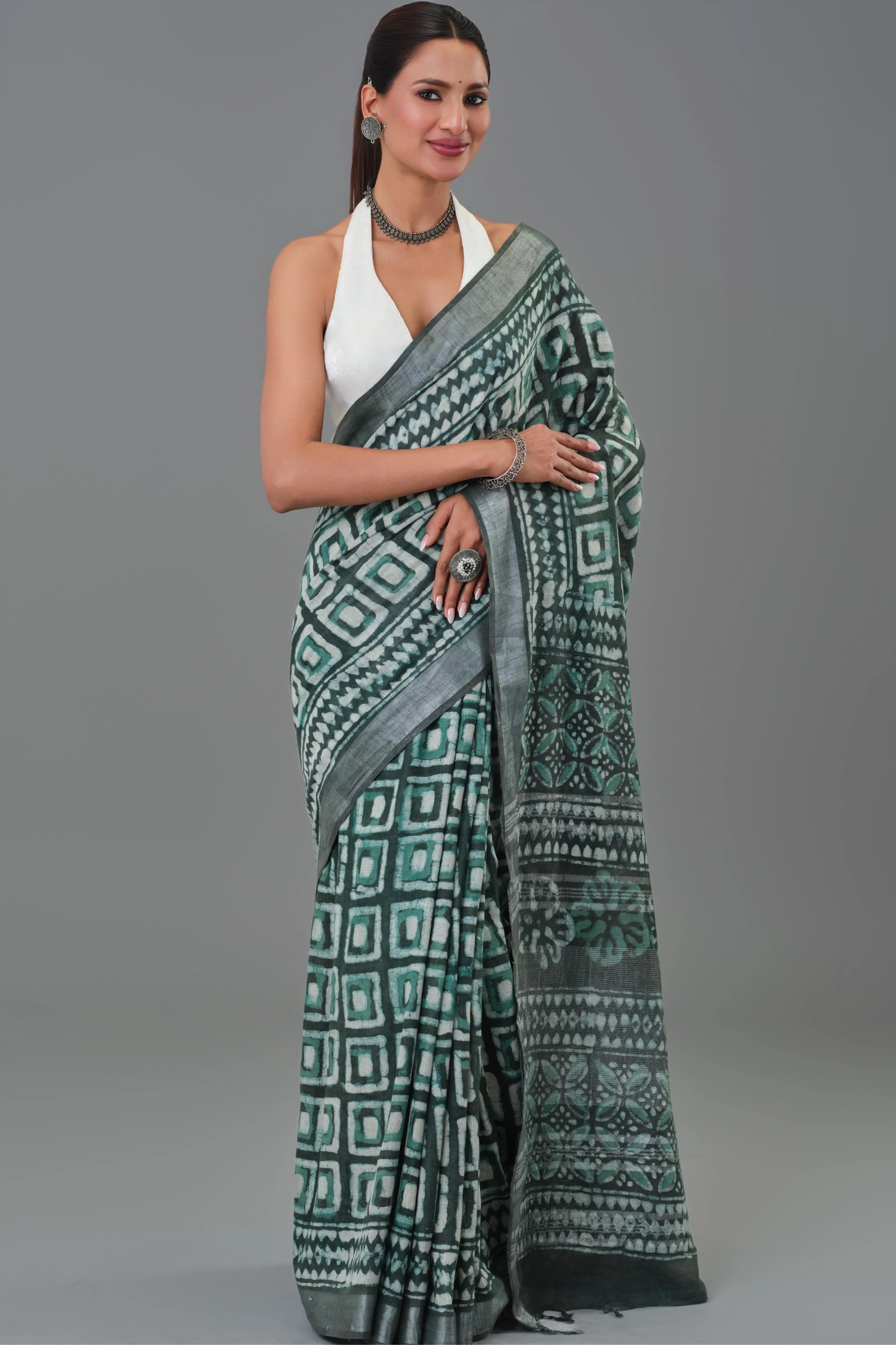 Teal Dabu Hand Block Printed Linen Saree - Image 6