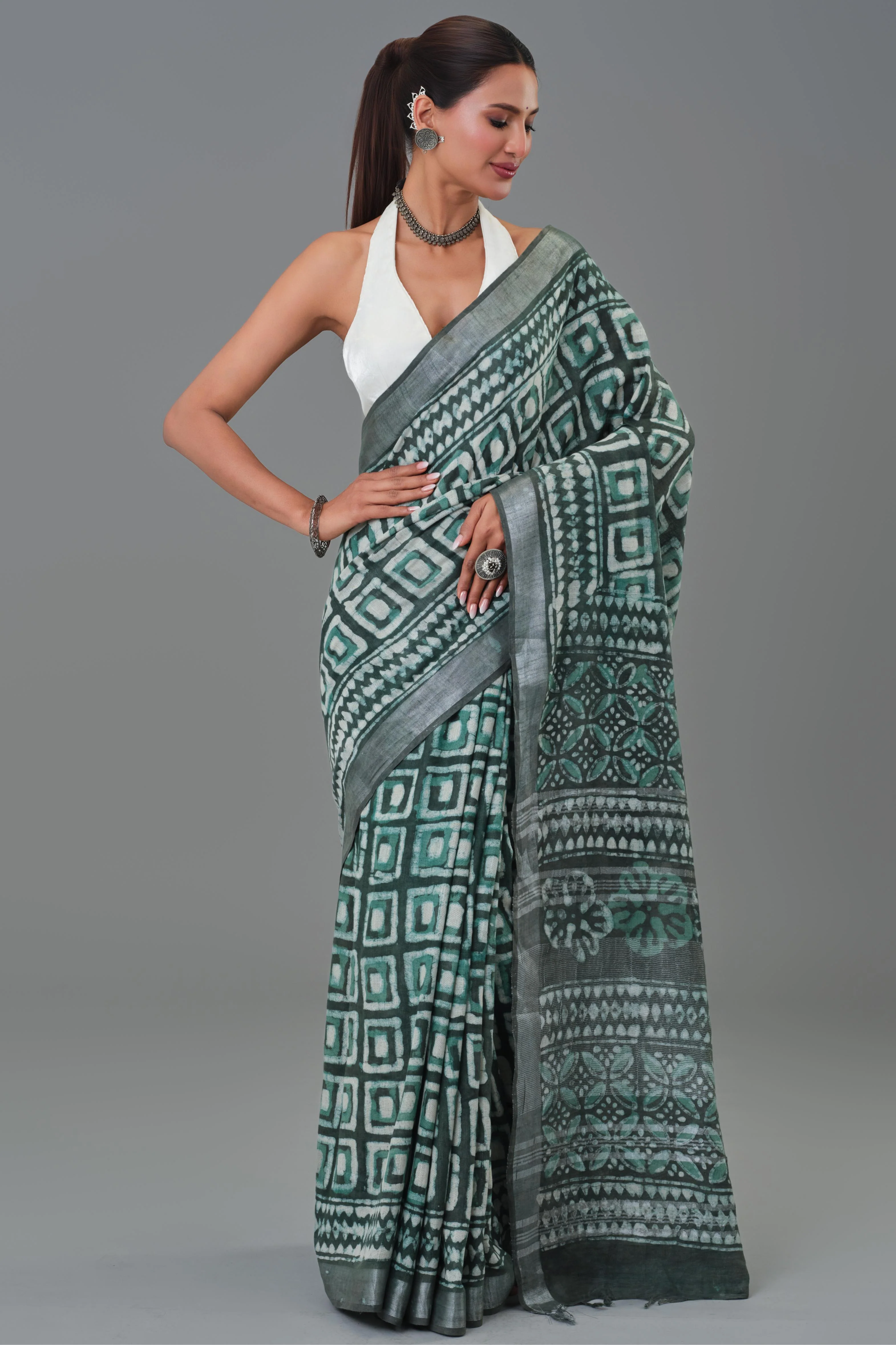 Teal Dabu Hand Block Printed Linen Saree - Image 7