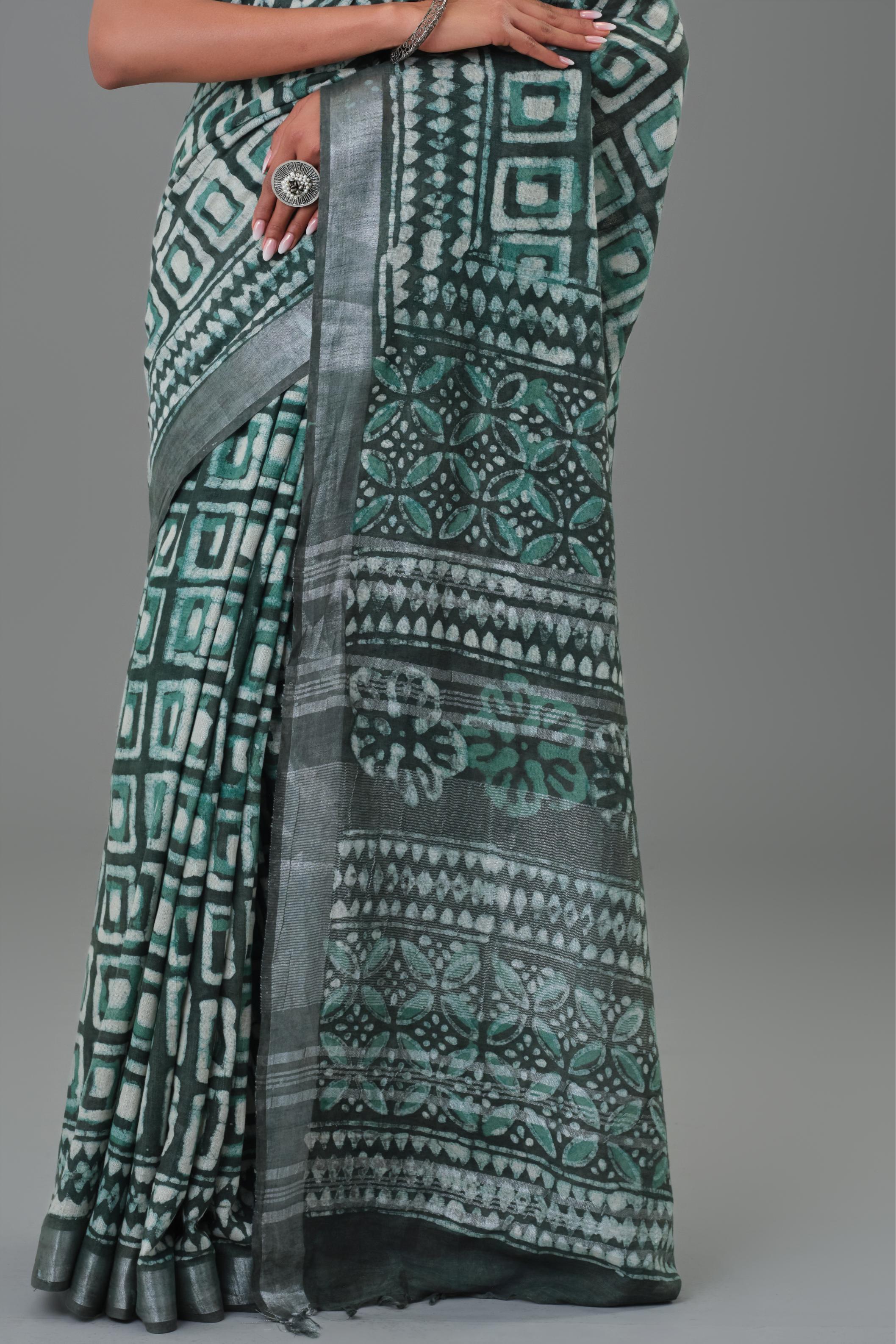 Teal Dabu Hand Block Printed Linen Saree - Image 8