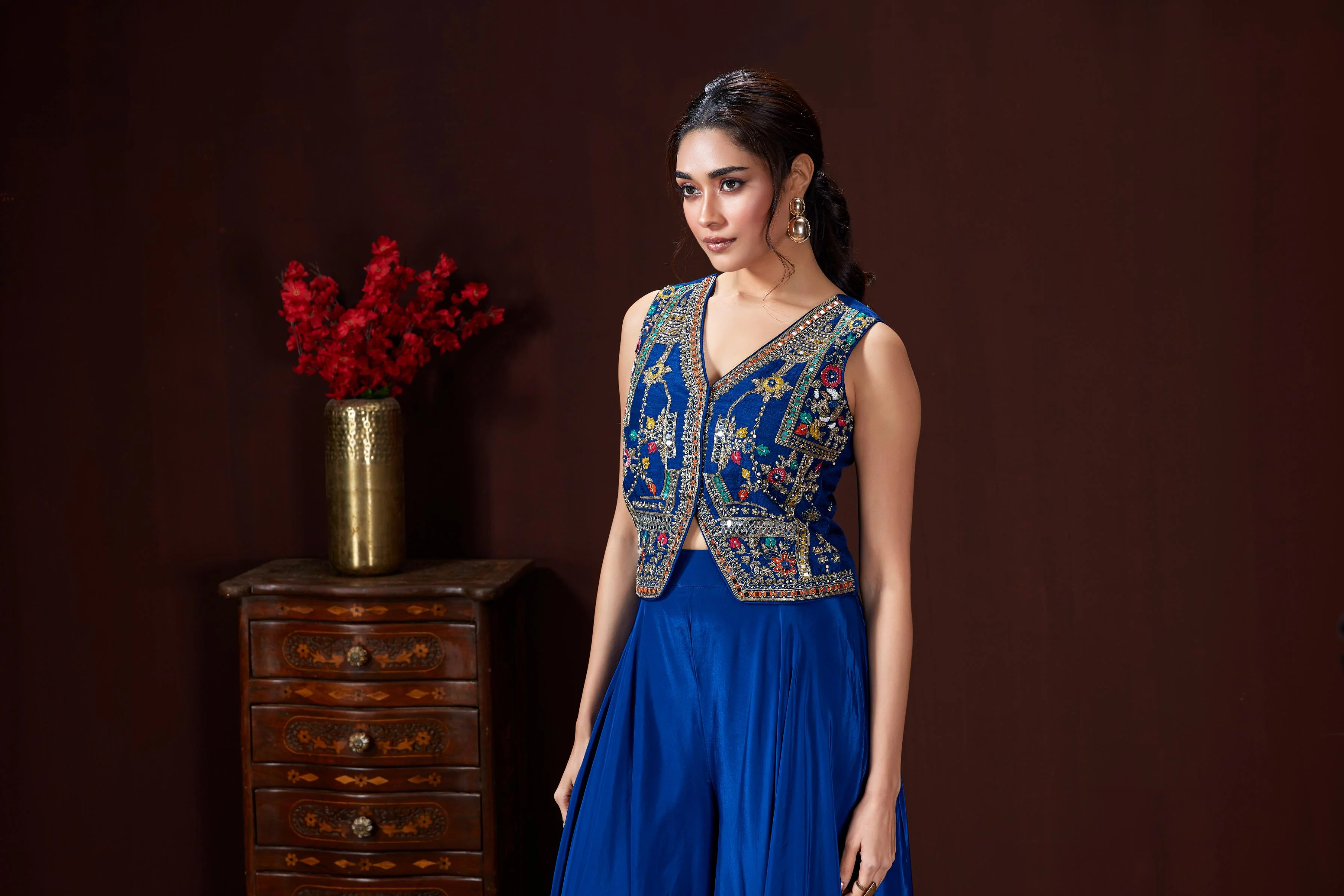 Vibrant Blue Embellished Crepe Silk Palazzo Set - Image 2