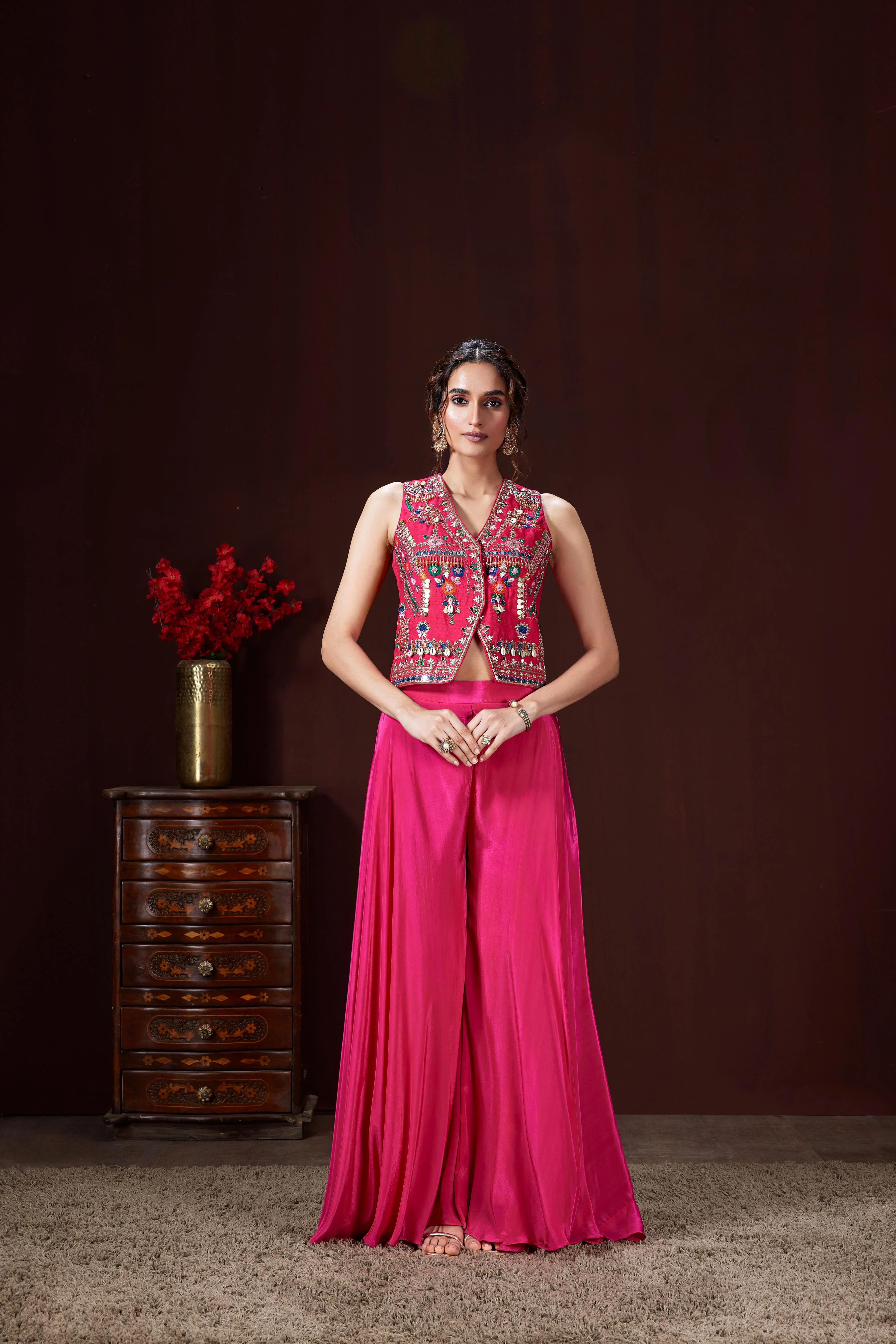 Dark Pink Embellished Crepe Silk Co-Ord Set