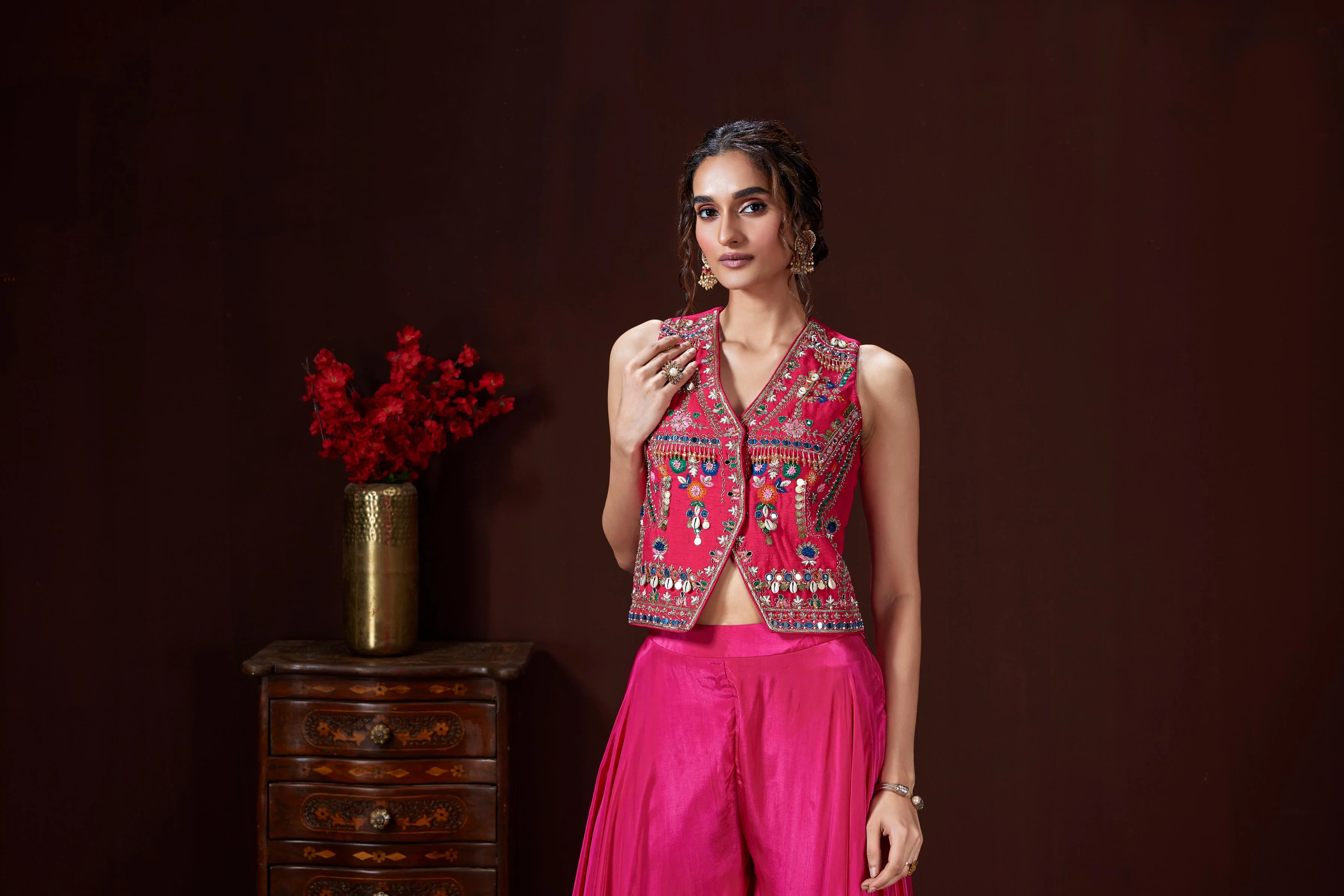 Dark Pink Embellished Crepe Silk Co-Ord Set - Image 2