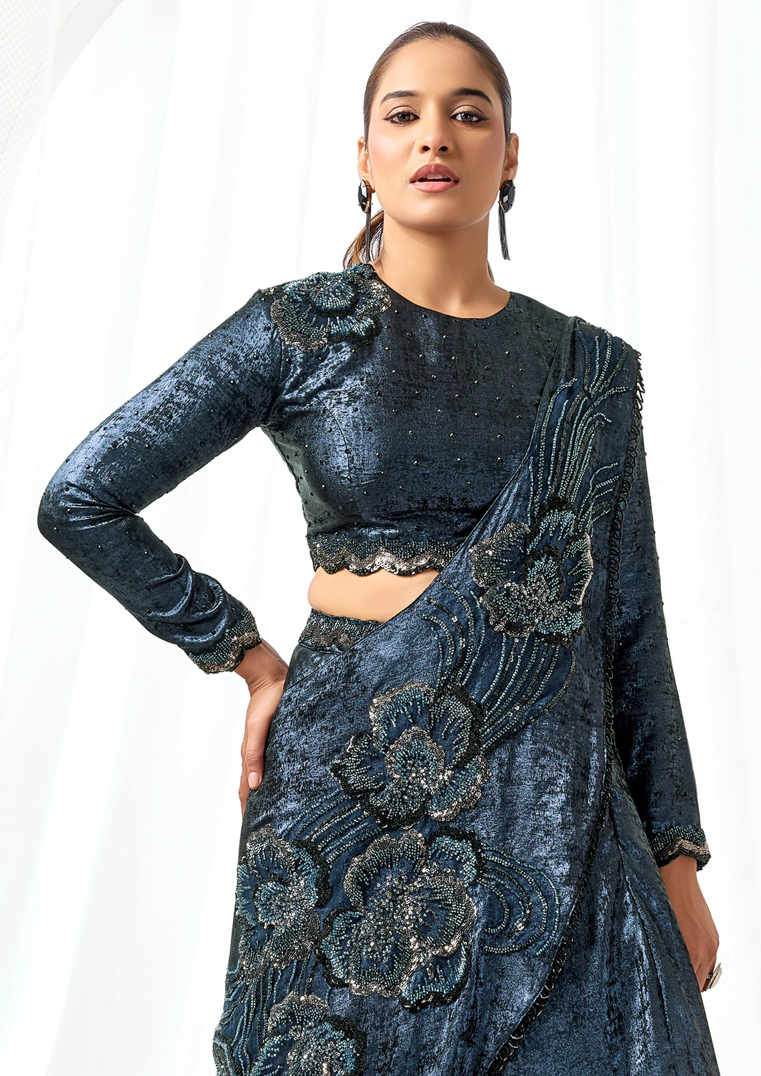 Dark Blue Embellished Metallic Satin Silk Lehenga Saree - Image 2