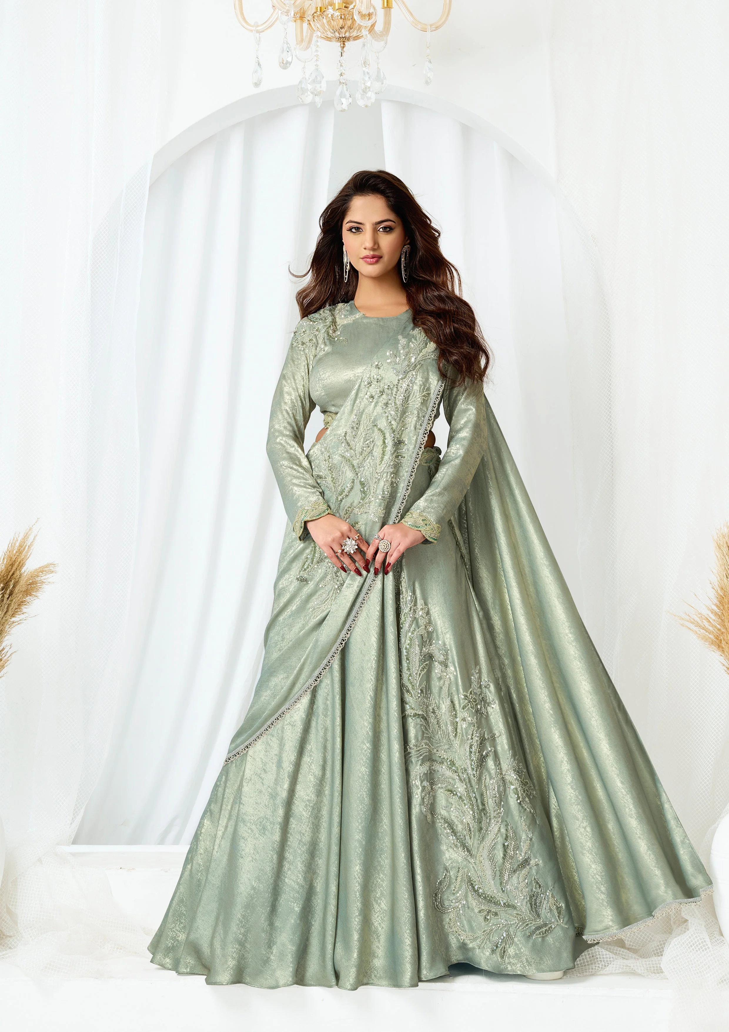 Pastel Green Embellished Metallic Satin Silk Lehenga Saree