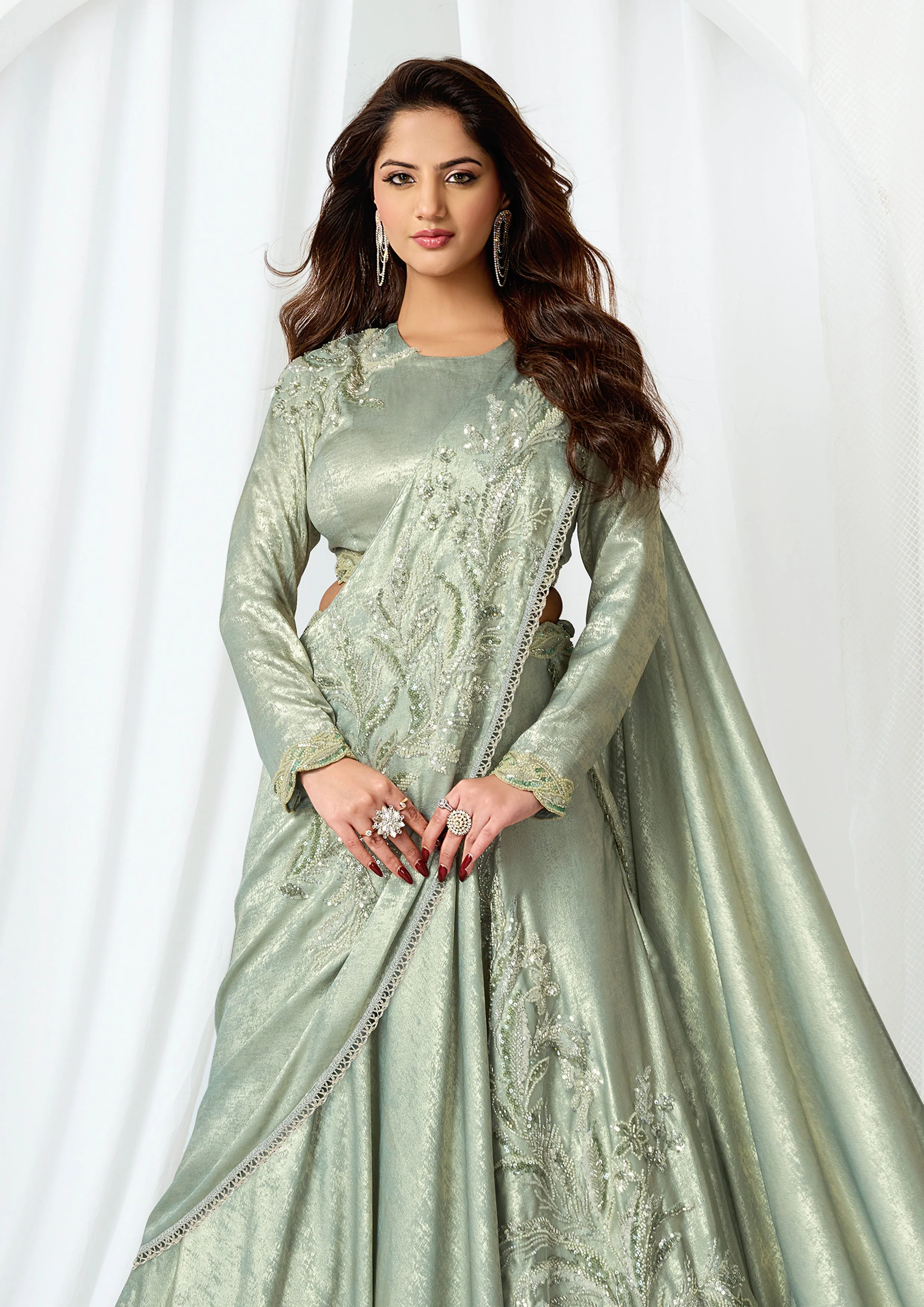Pastel Green Embellished Metallic Satin Silk Lehenga Saree - Image 2