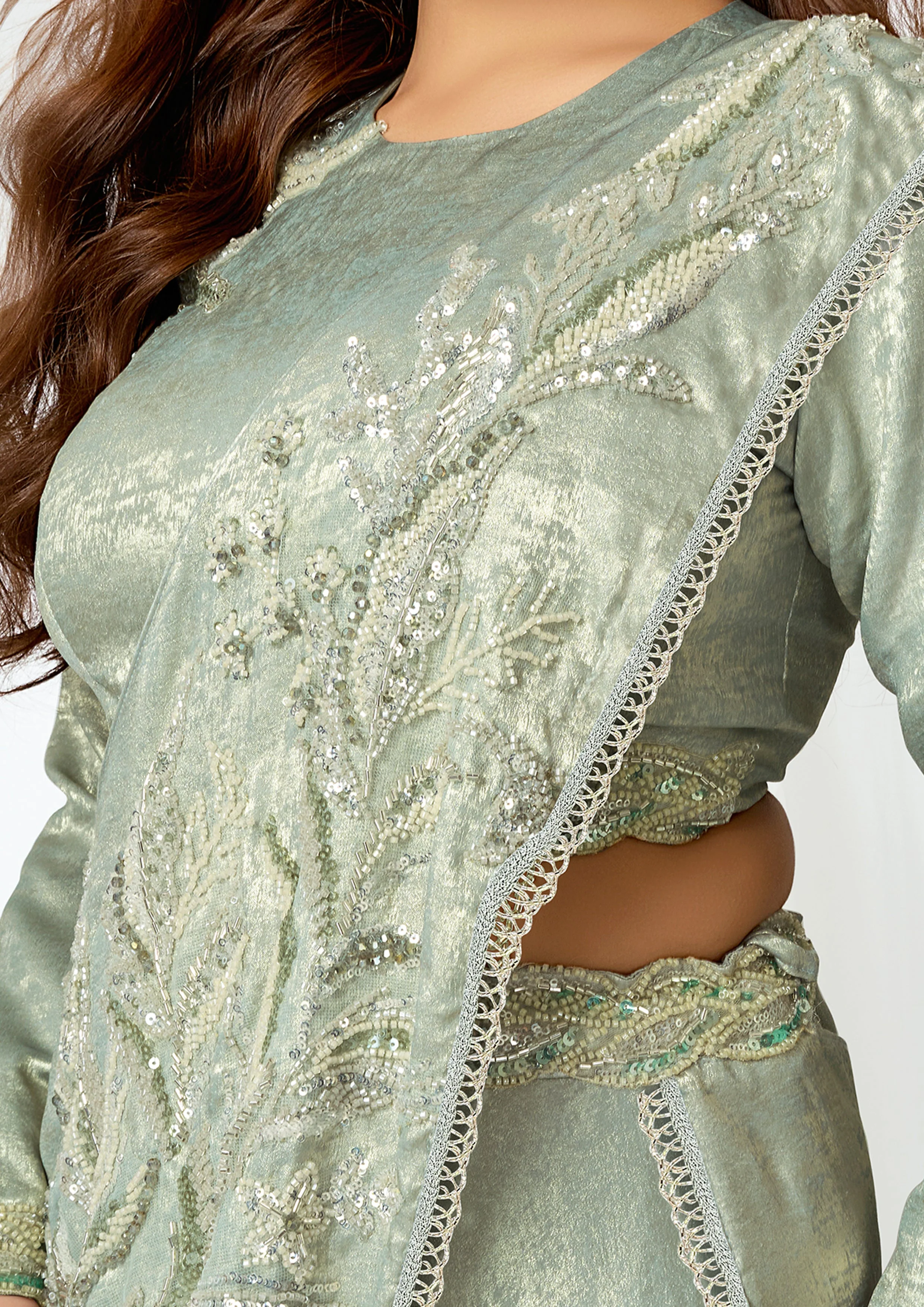 Pastel Green Embellished Metallic Satin Silk Lehenga Saree - Image 3