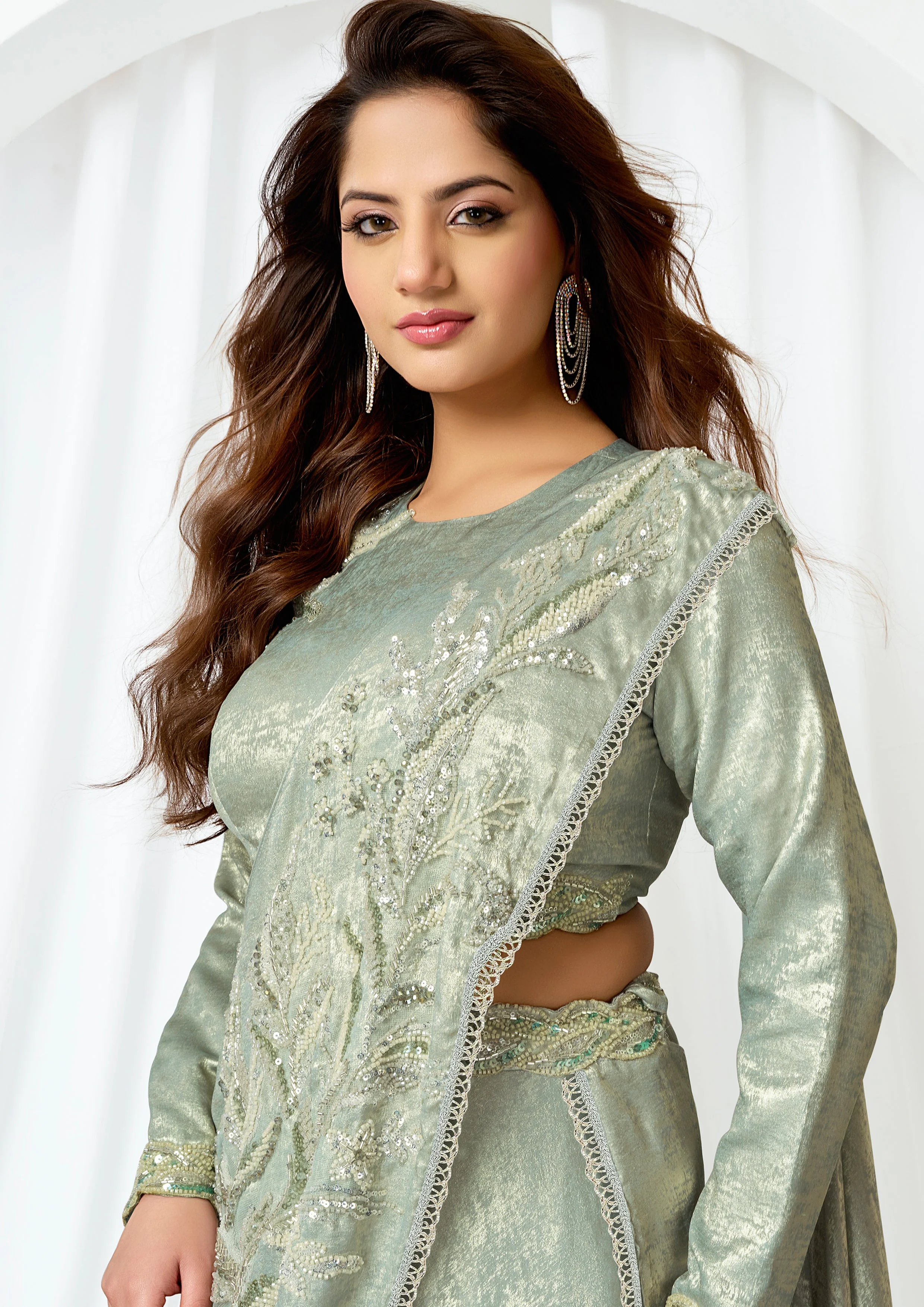 Pastel Green Embellished Metallic Satin Silk Lehenga Saree - Image 4