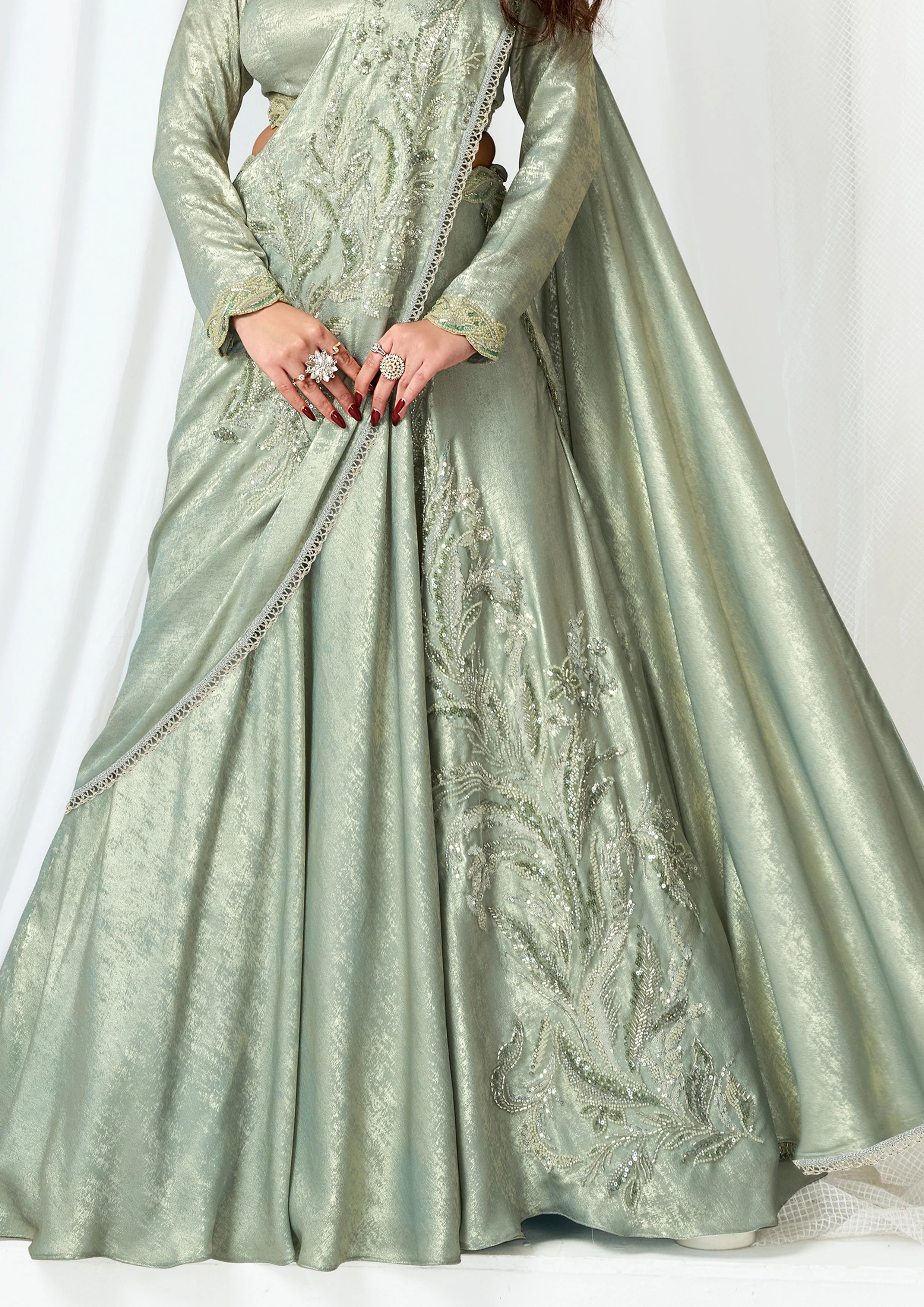 Pastel Green Embellished Metallic Satin Silk Lehenga Saree - Image 6