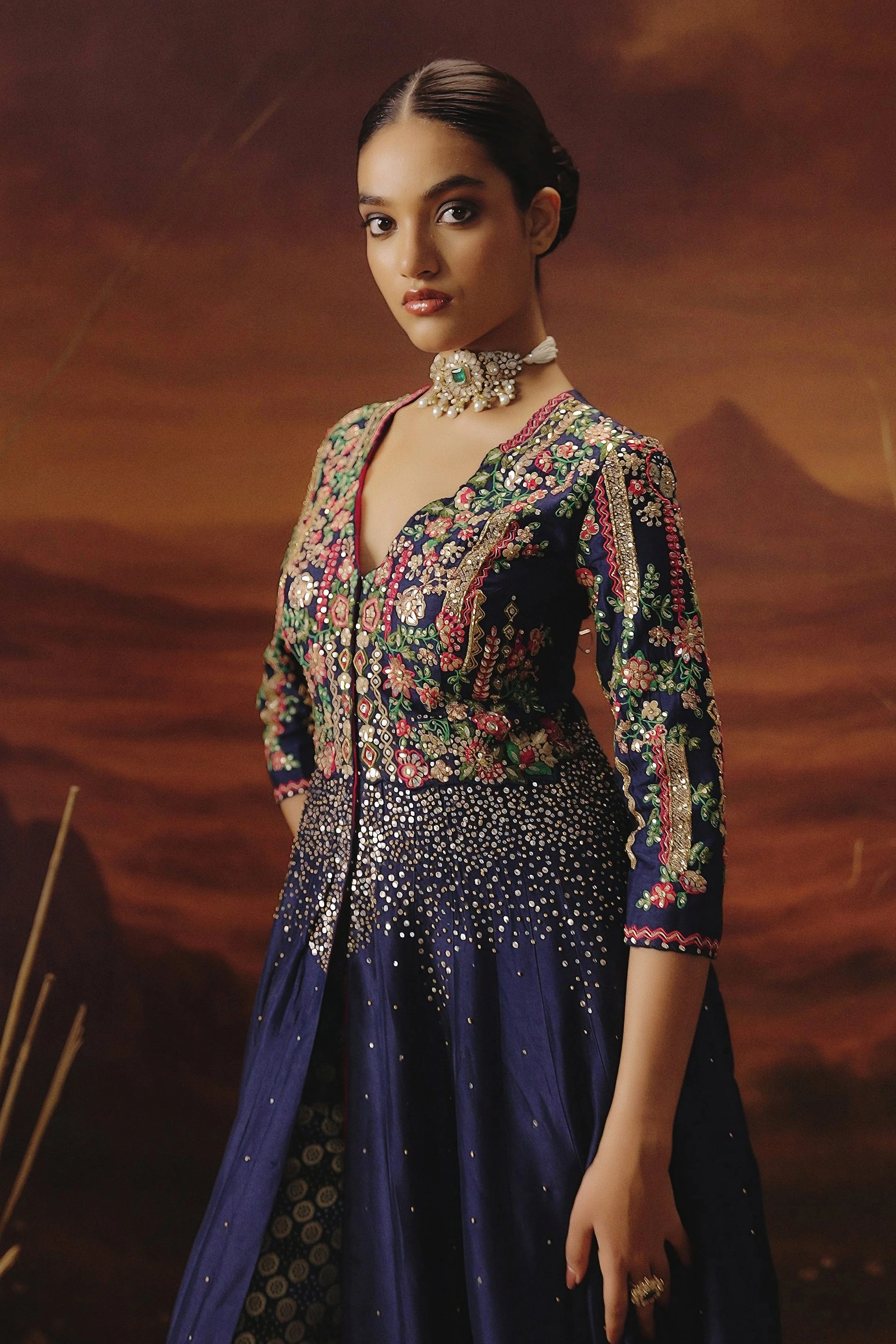 Navy Blue Embellished Raw Silk Palazzo Set - Image 3