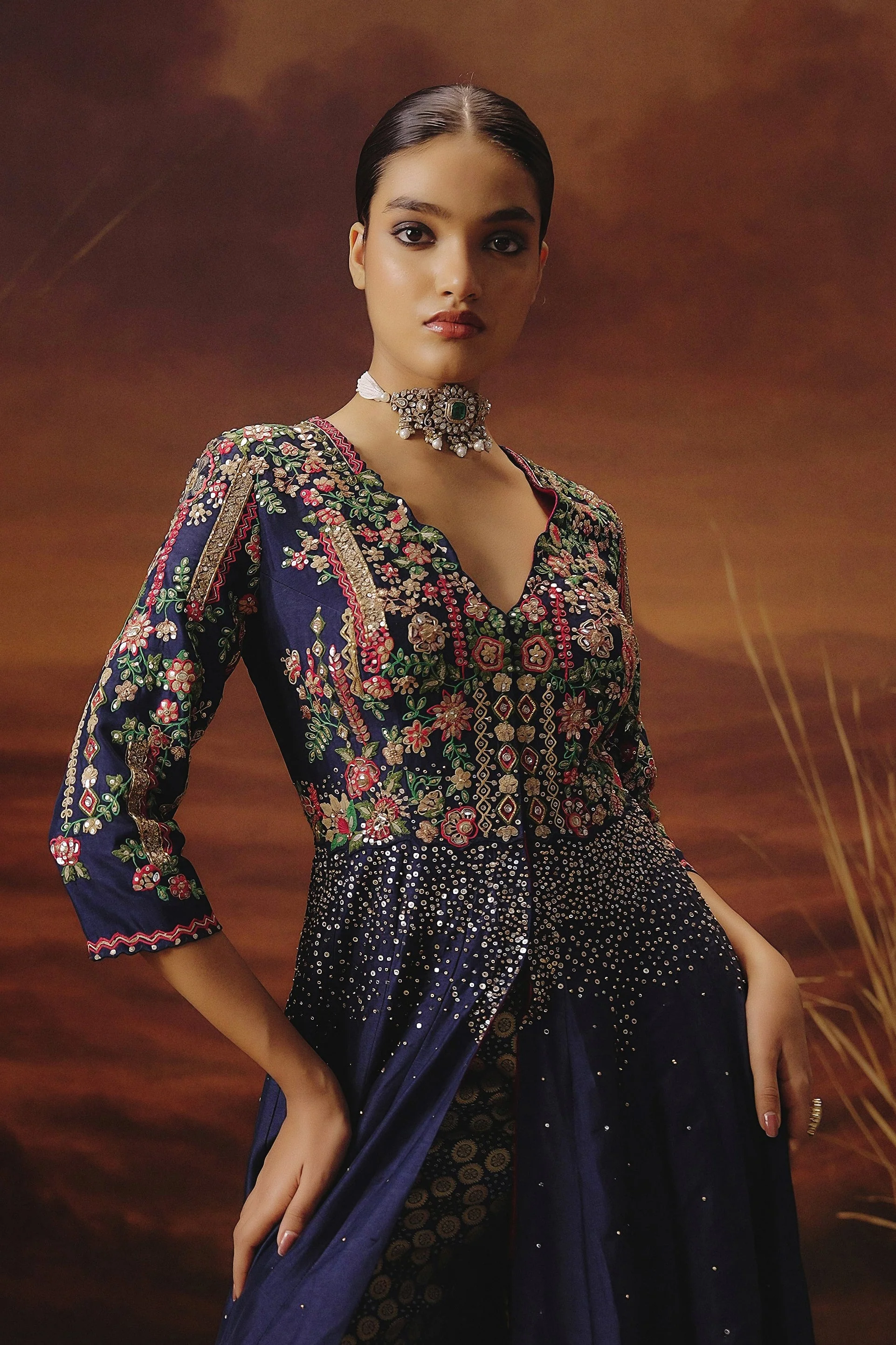 Navy Blue Embellished Raw Silk Palazzo Set - Image 4