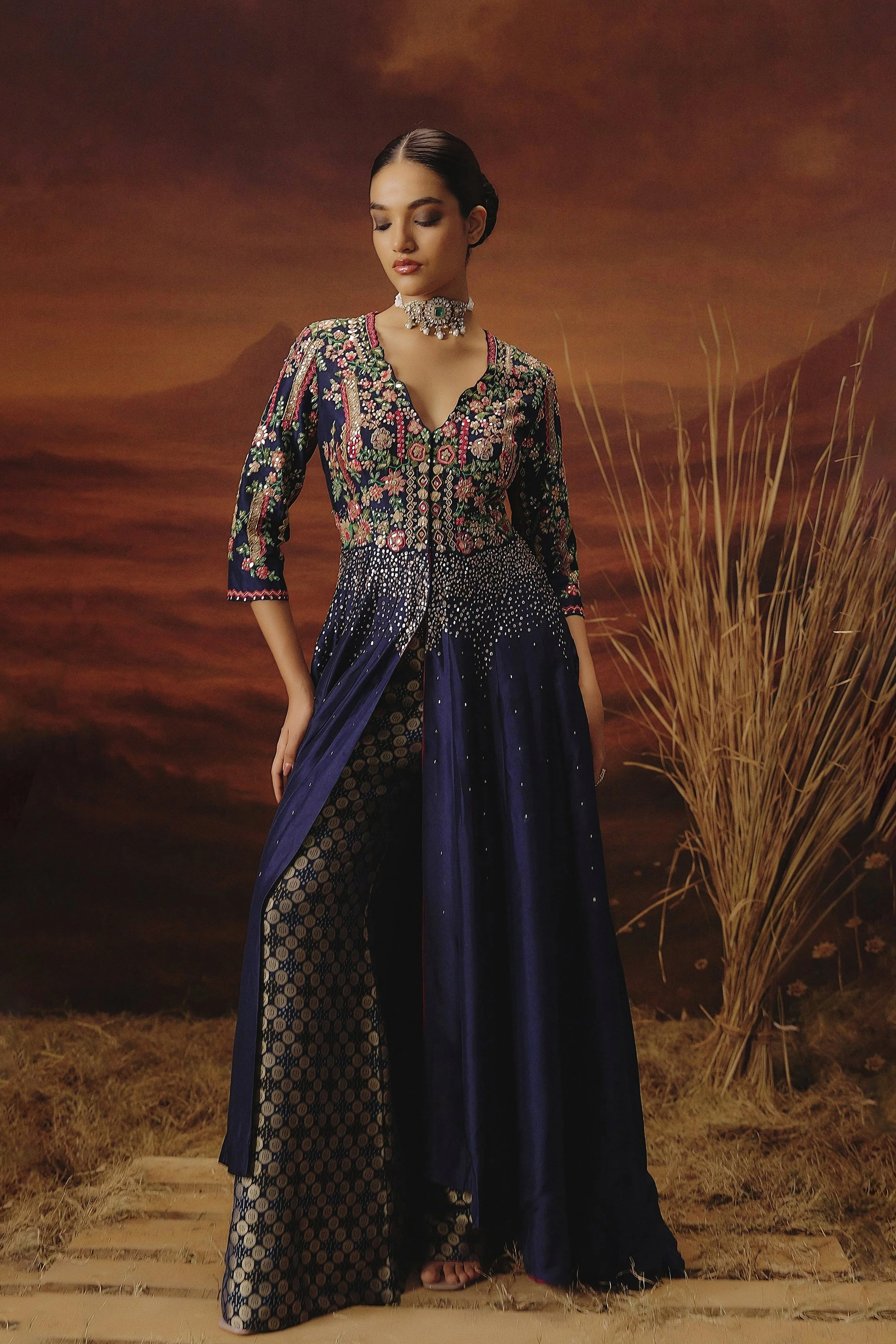 Navy Blue Embellished Raw Silk Palazzo Set - Image 5
