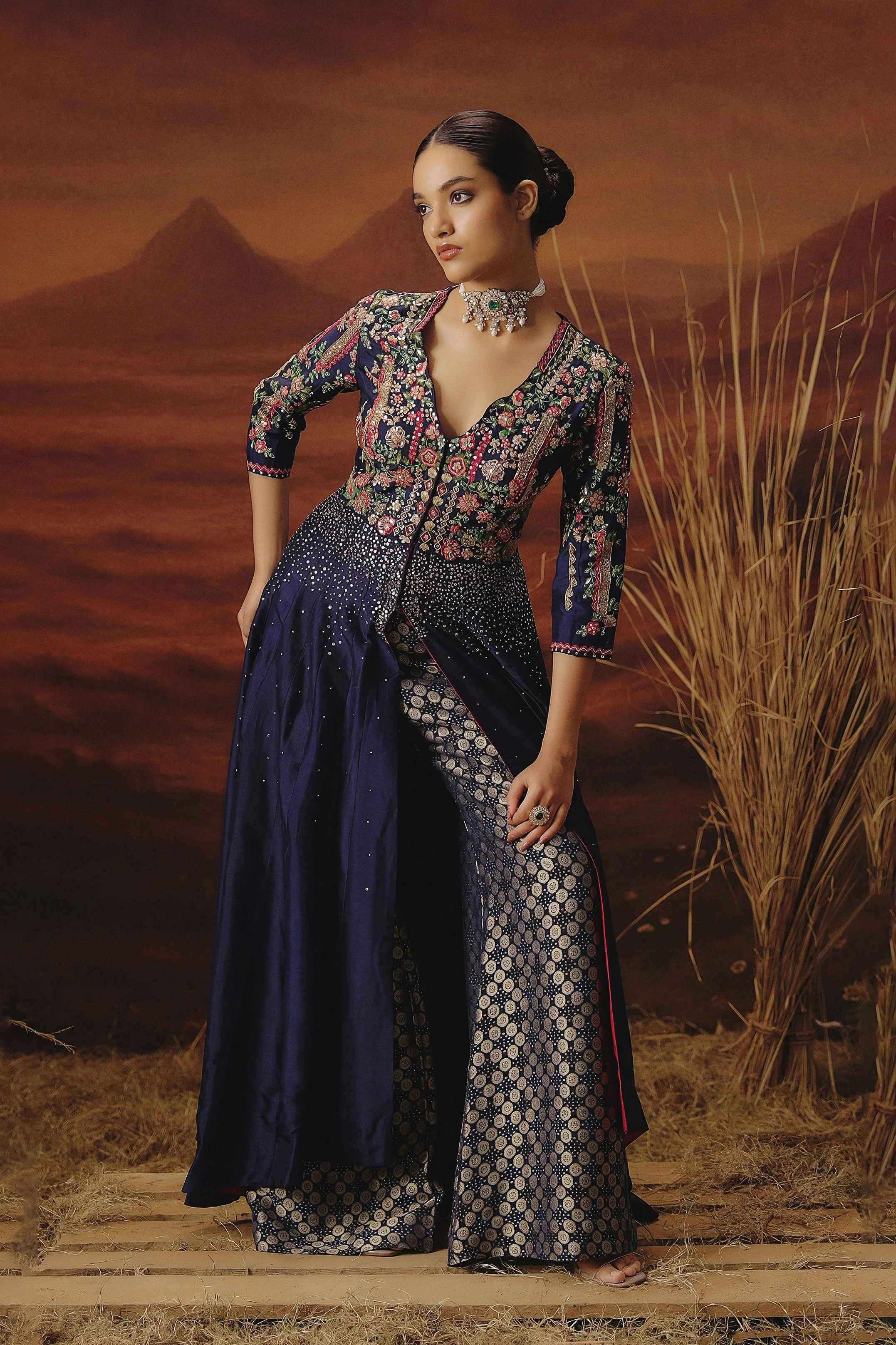 Navy Blue Embellished Raw Silk Palazzo Set - Image 6