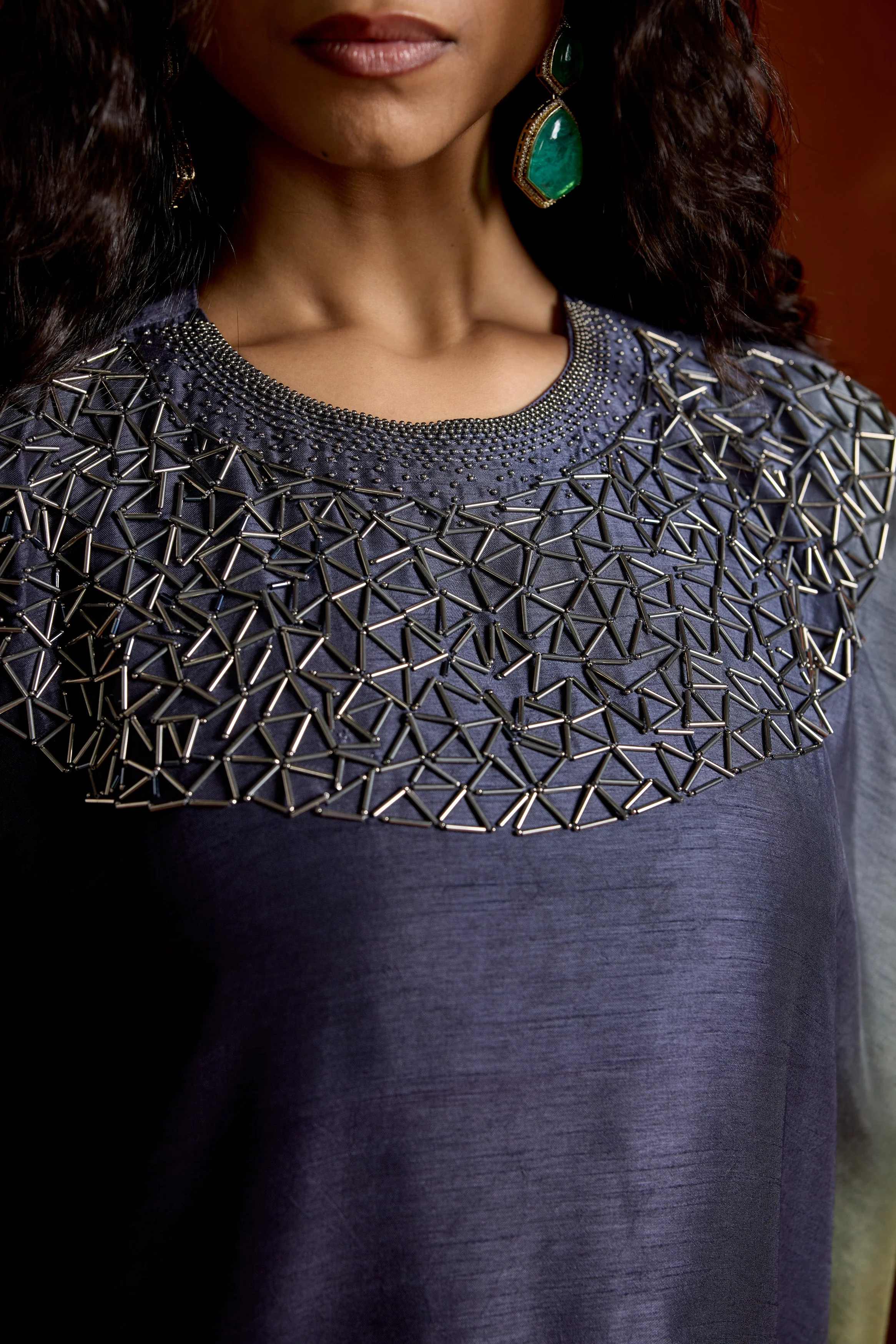 Navy Blue Embellished Raw Silk Kaftan Set - Image 2